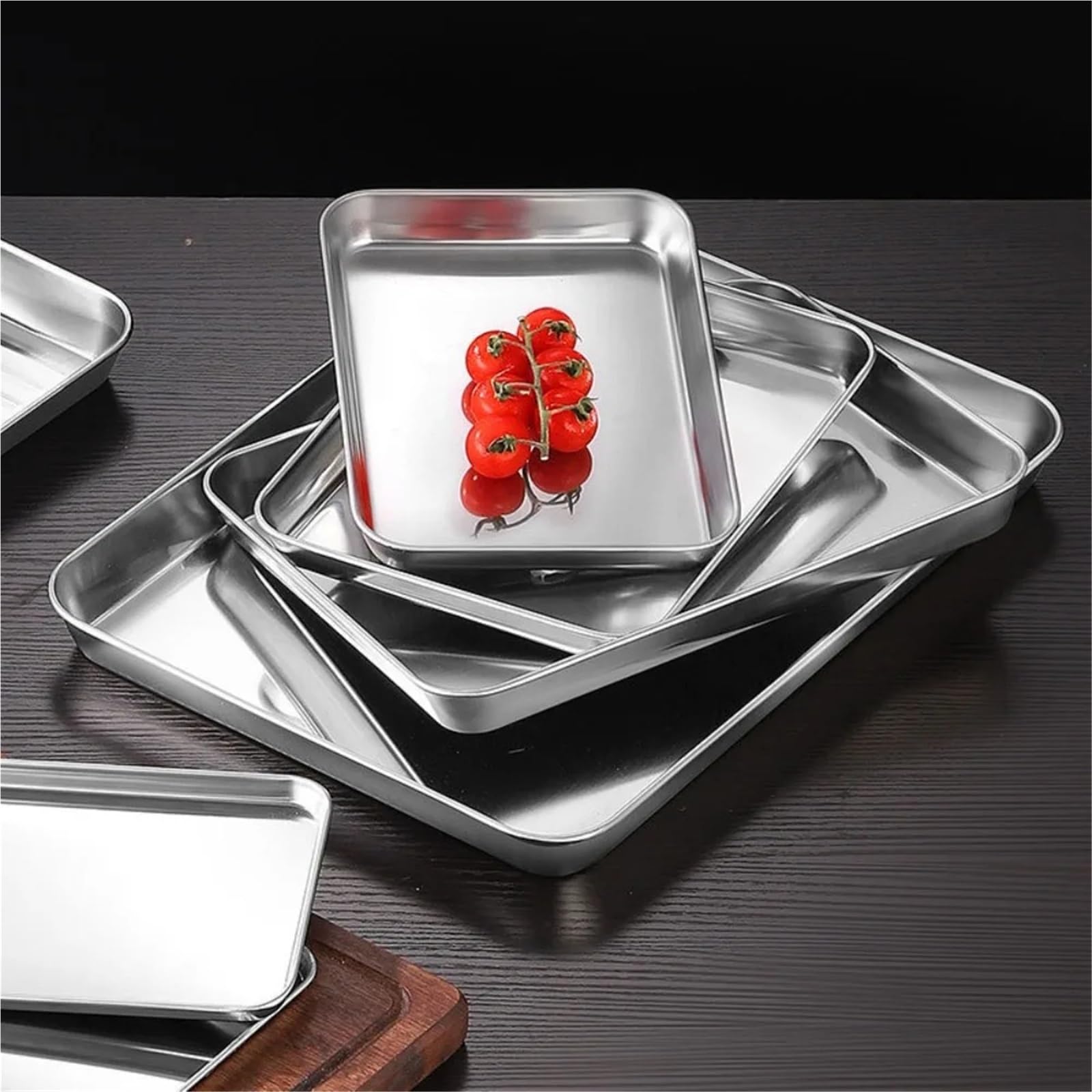Bandeja para Servir (3 Piezas) de Acero Inoxidable para Pasteles, postres, Frutas, Rectangular (26,5 x 15,5 x 1,2 cm)