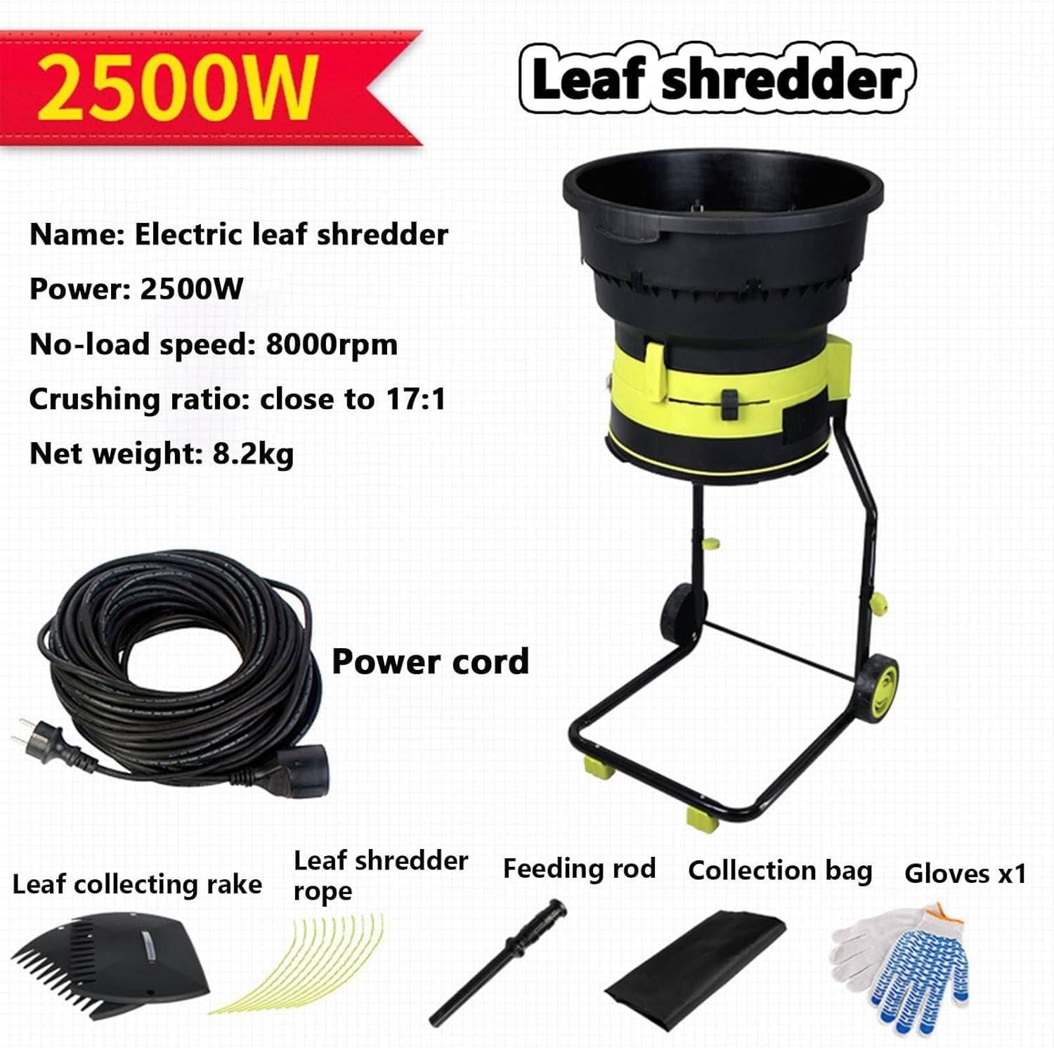 Trituradora eléctrica de hojas, trituradora de jardín portátil sin cuchillas con ruedas, 8000 rpm, incluye bolsa de recolección, diámetro de embudo de 54 cm para un uso fácil