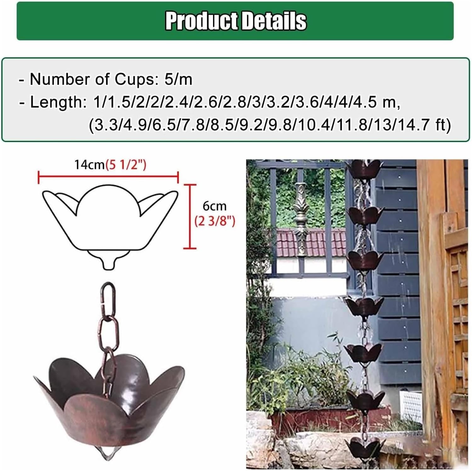 Rain Chains,Rain Catcher Chain, Rain Catcher Chain Copper, Aluminum Rain Chains for Gutters, Outside Water Diverter Rain Guide Chain,3m/92ft
