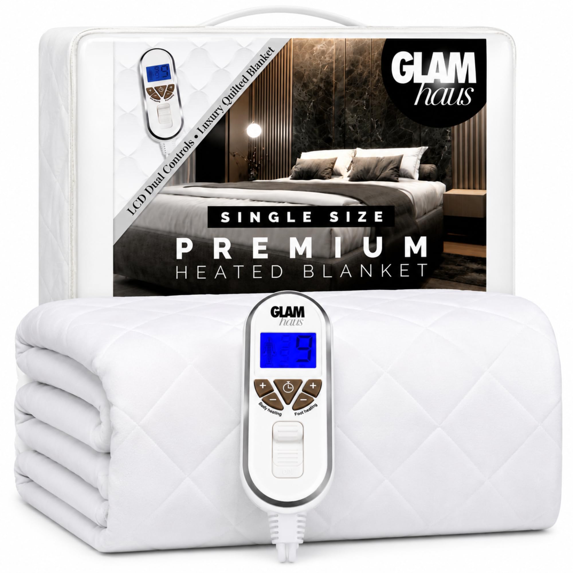 Glam Haus Electric Blanket - Single Size - White Diamond-Quilted - 9 Heat Settings - Machine Washable