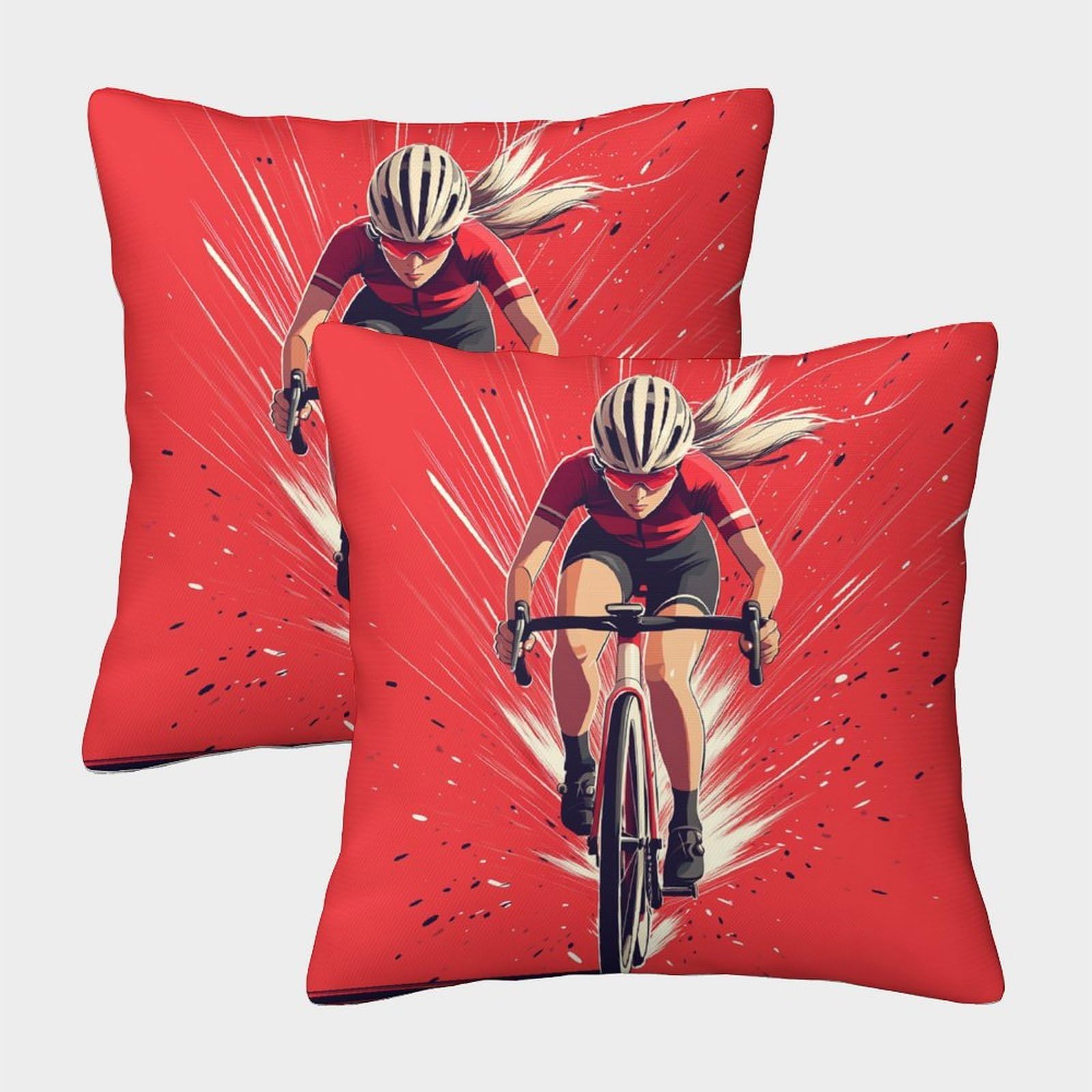 kaiyun 2 Pack Red Background Pillow Case 50x50cm Throw Pillow Case,Modern Decoration Girl Riding A Bicycle Pattern for Terrace Sofa Bedroom Indoor Outdoor Party