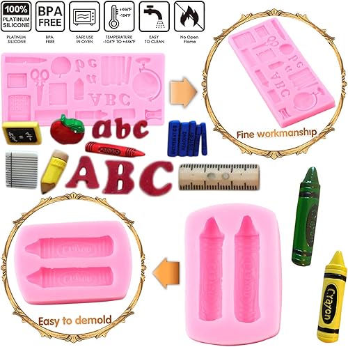 Miniatura 2 de Mujiang Moldes de silicona para el regreso a clases, bolsa escolar, libro de tijeras, paleta de dibujo, moldes para fondant, para decoración de