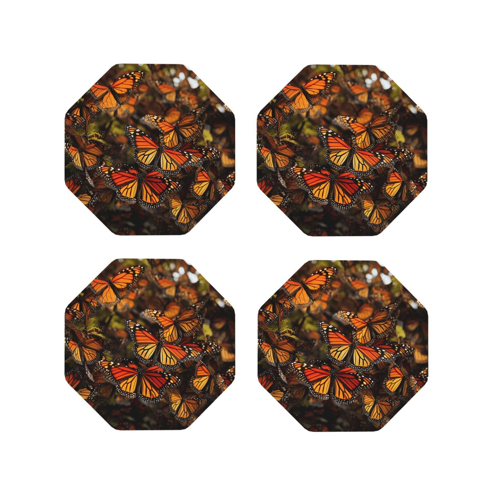 4Pcs PU Leather Coaster for Drinks, Monarch Butterflies Cup Coastersr 4" Cup Mat Pad, Aesthetic Drink Coasters for Coffee Table, Octagon Coaster for Tabletop Protection