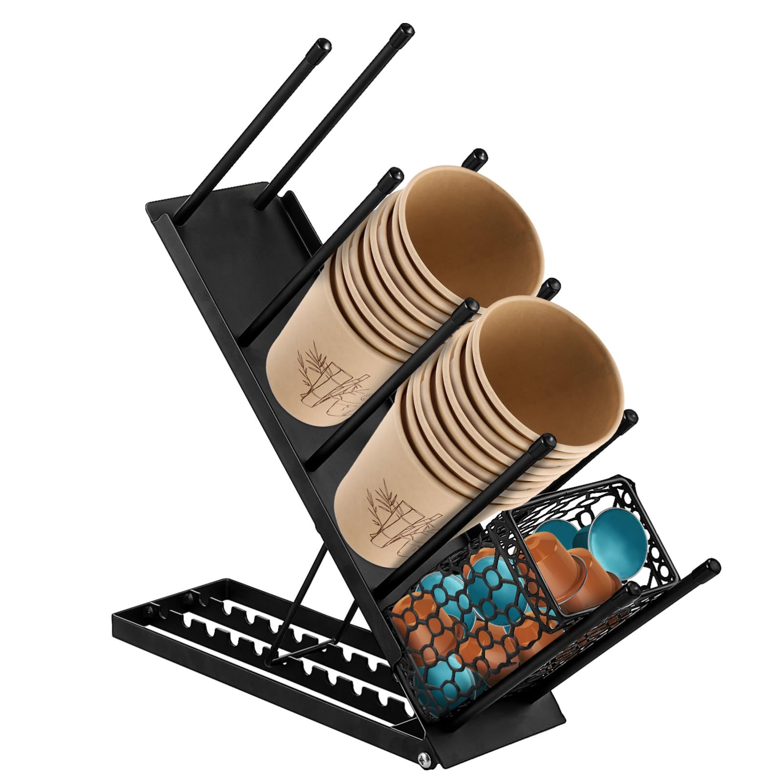 Hemobllo Coffee Cup Holder Adjustable Coffee Mug Shelf, Tea Cup Rack, with Lid and Straw Organizer for Countertop, Black Metal Mug Station Essential, 15.35 x 7.08 x 4.33 Inches