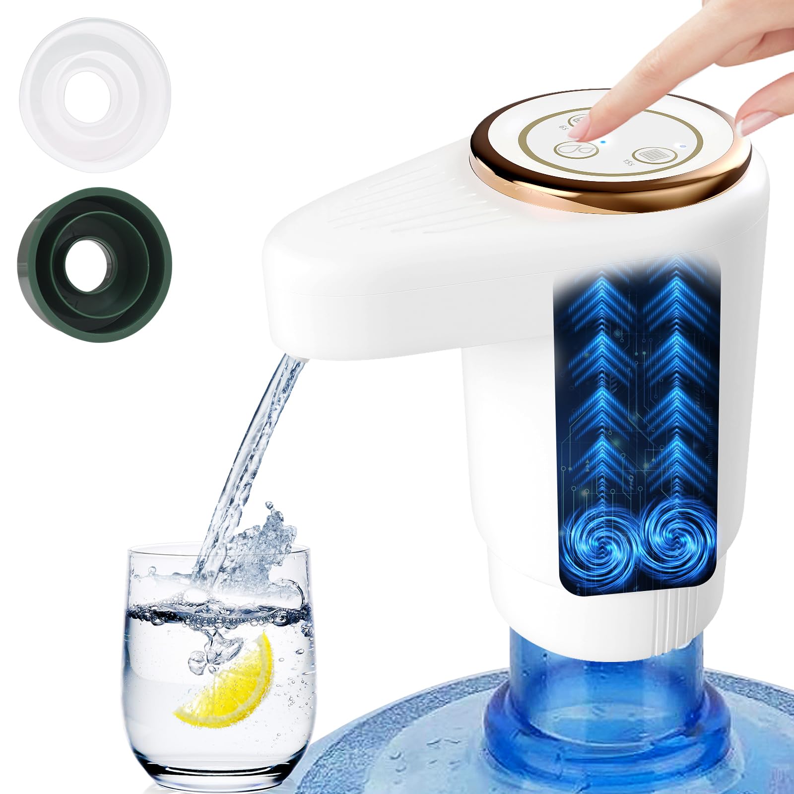 EasySpeed Dispensador de Agua de Doble Velocidad | Recargable 1200mAh Bomba de Grifo para Botellas con 2 Adaptadores | Compatible con Garrafas de 3 a 20 litros | para Camping, Casa & Oficina, Blanco