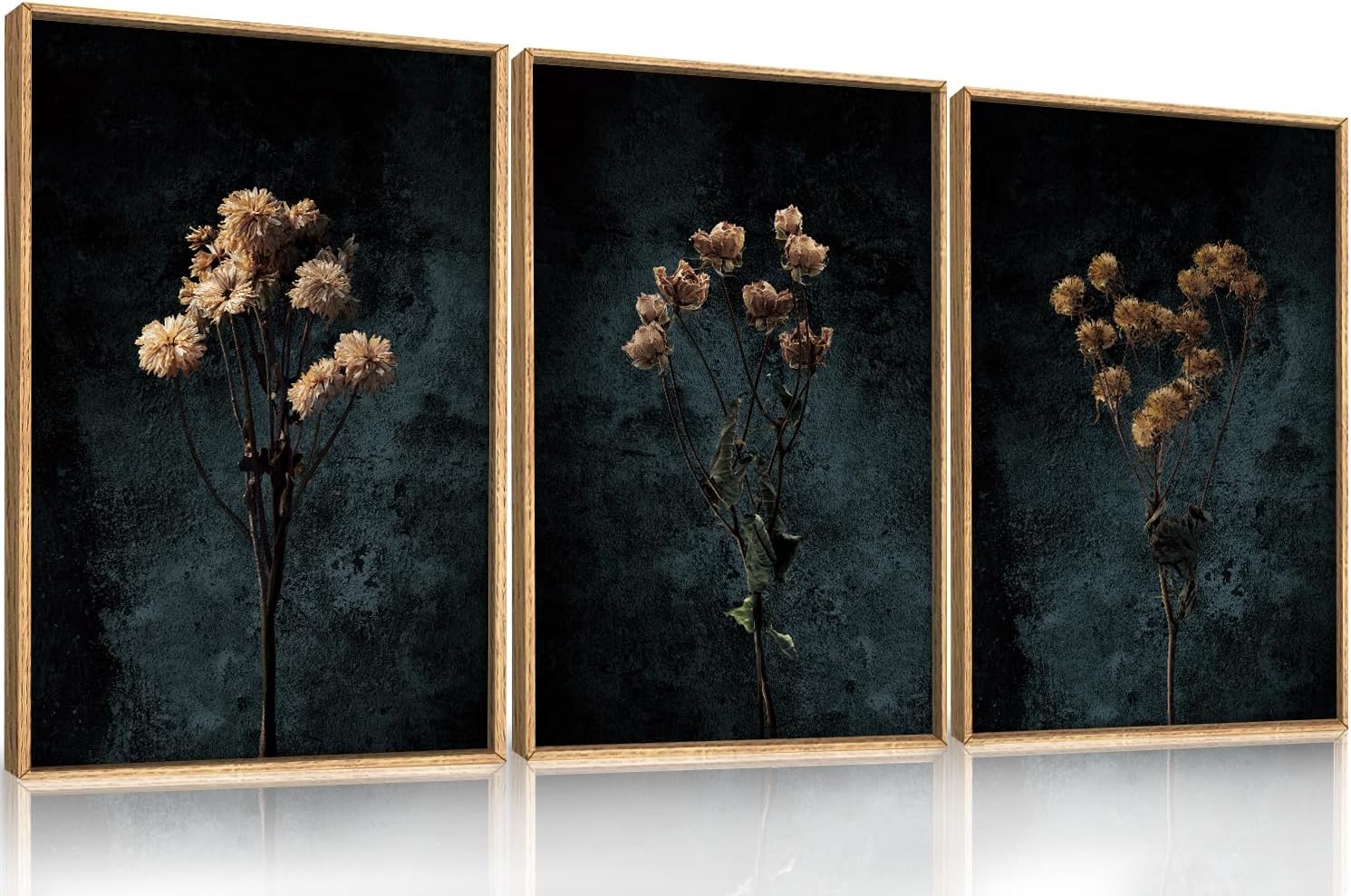 LHIUEM Dark Moody Wildflowers Framed Canvas Wall Art Set,Minimalist Wildflower Wall Decor,Vintage Black Flower Botanical Painting, Aesthetic Floral Artwork for Living Room,Bedroom,Office-24x36x3