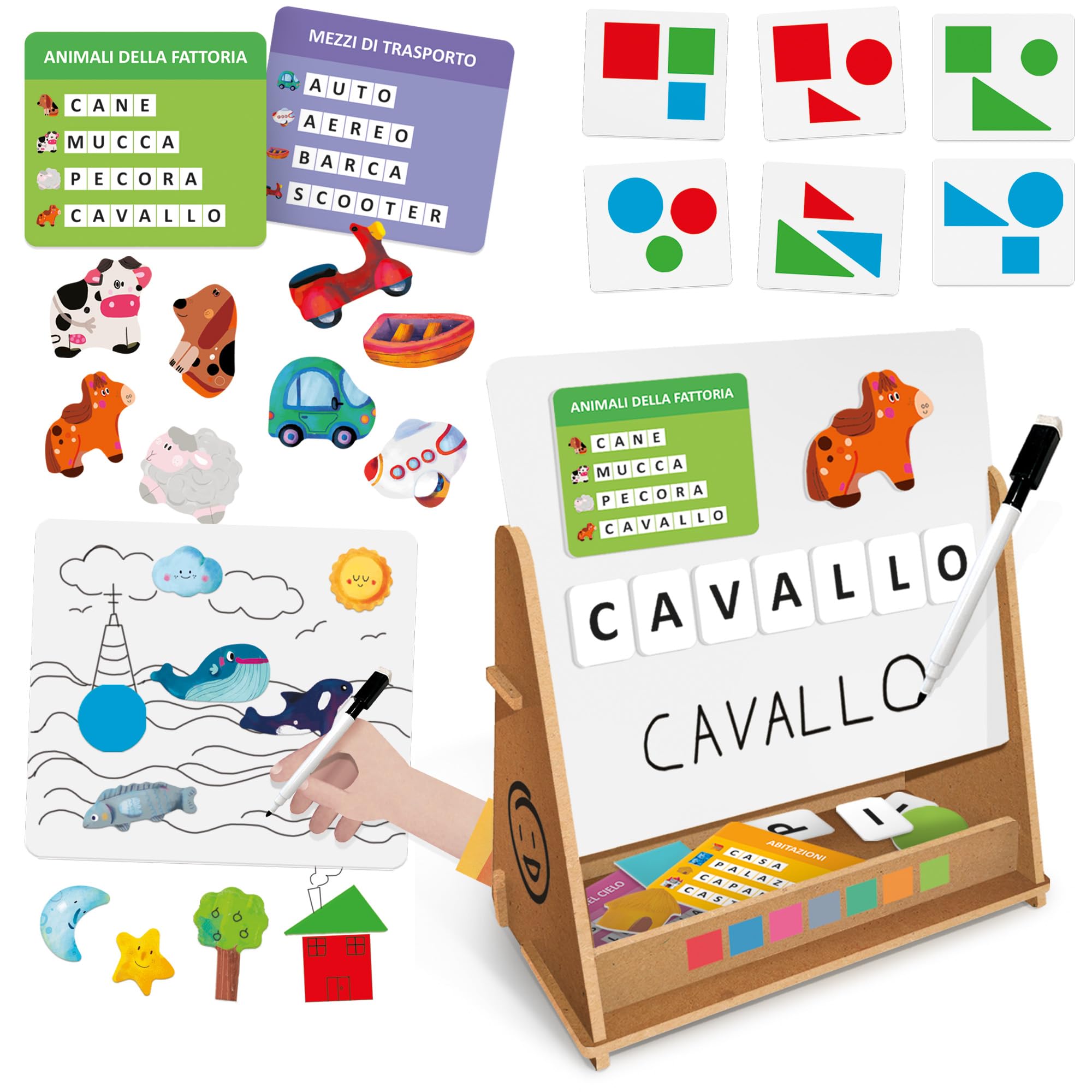 HEADU - Lavagna Didattica Magnetica e in Legno - Ricco Kit Educativo per Imparare a Leggere, Scrivere e Contare con Il Metodo Montessori, Giochi Educativi 3 4 5 6 Anni, Lavagnetta in Legno Magnetica