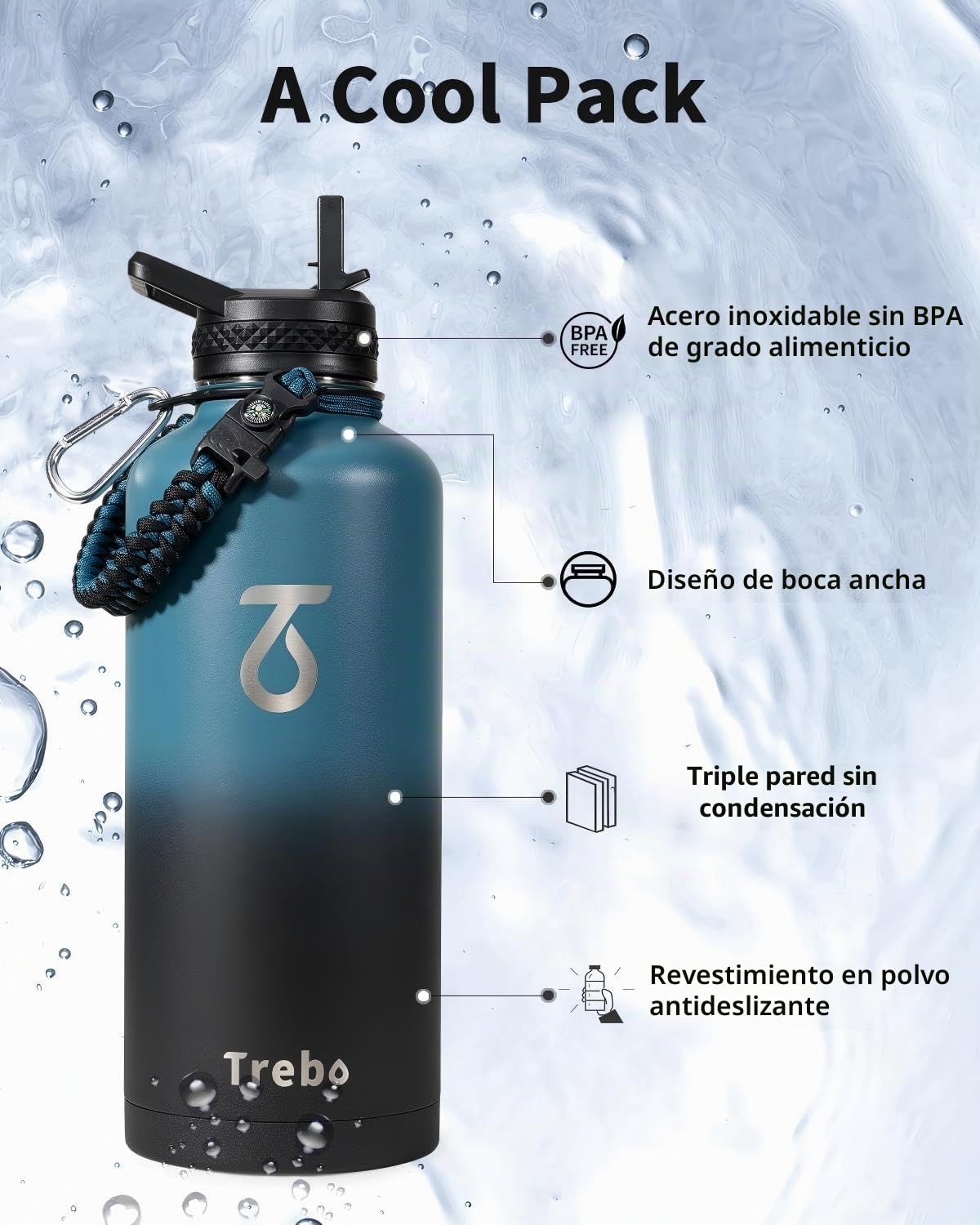 Trebo Botella de agua de 87 onzas con mango de paracaídas, de acero inoxidable al vacío de doble pared de grado alimenticio con tapas de mango de boquilla de pajilla, a prueba de fugas, mantiene frío
