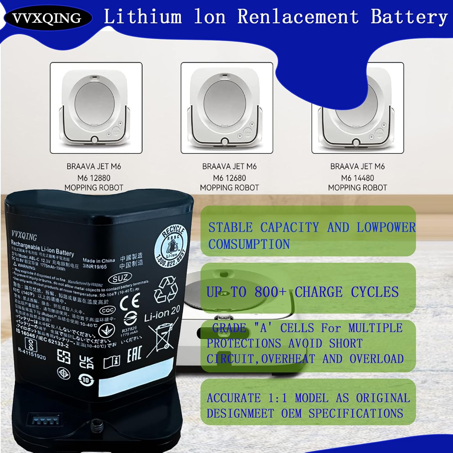 ABL-C for iRobot Braava Jet M6 Battery Replacement,3INR19/65 Rechargeable Li-ion Batteria Compatible with Braava M612880 M612680 M614480 Robot Mop Capacity 12.3V 19Wh