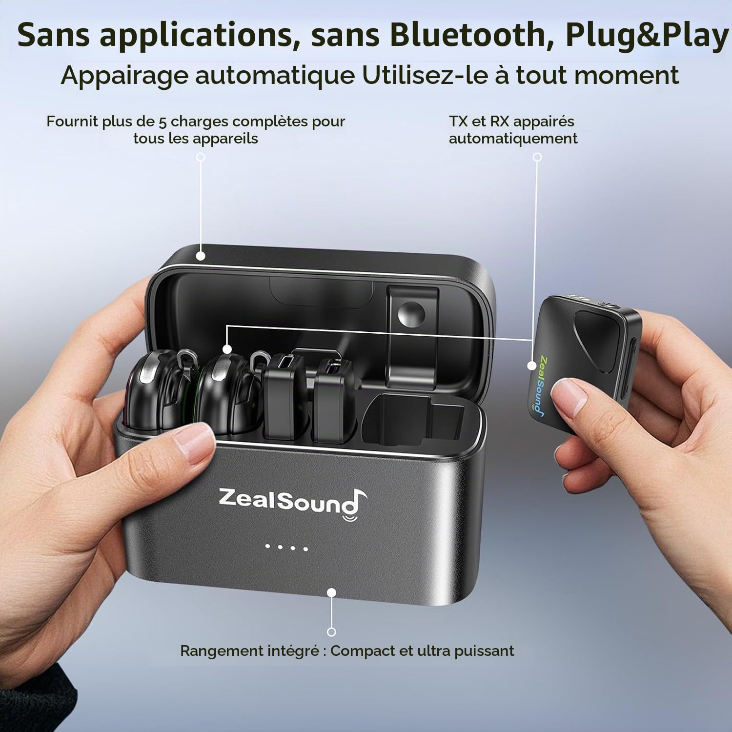 zealsound Micro Cravate sans Fil pour iPhone Android Caméra PC, 2TX + 3RX Mini Microphone avec Réduction de Bruit, 300m & 40H Utilisation, pour Vlog Enregistrement vidéo Streaming Entretien, M9