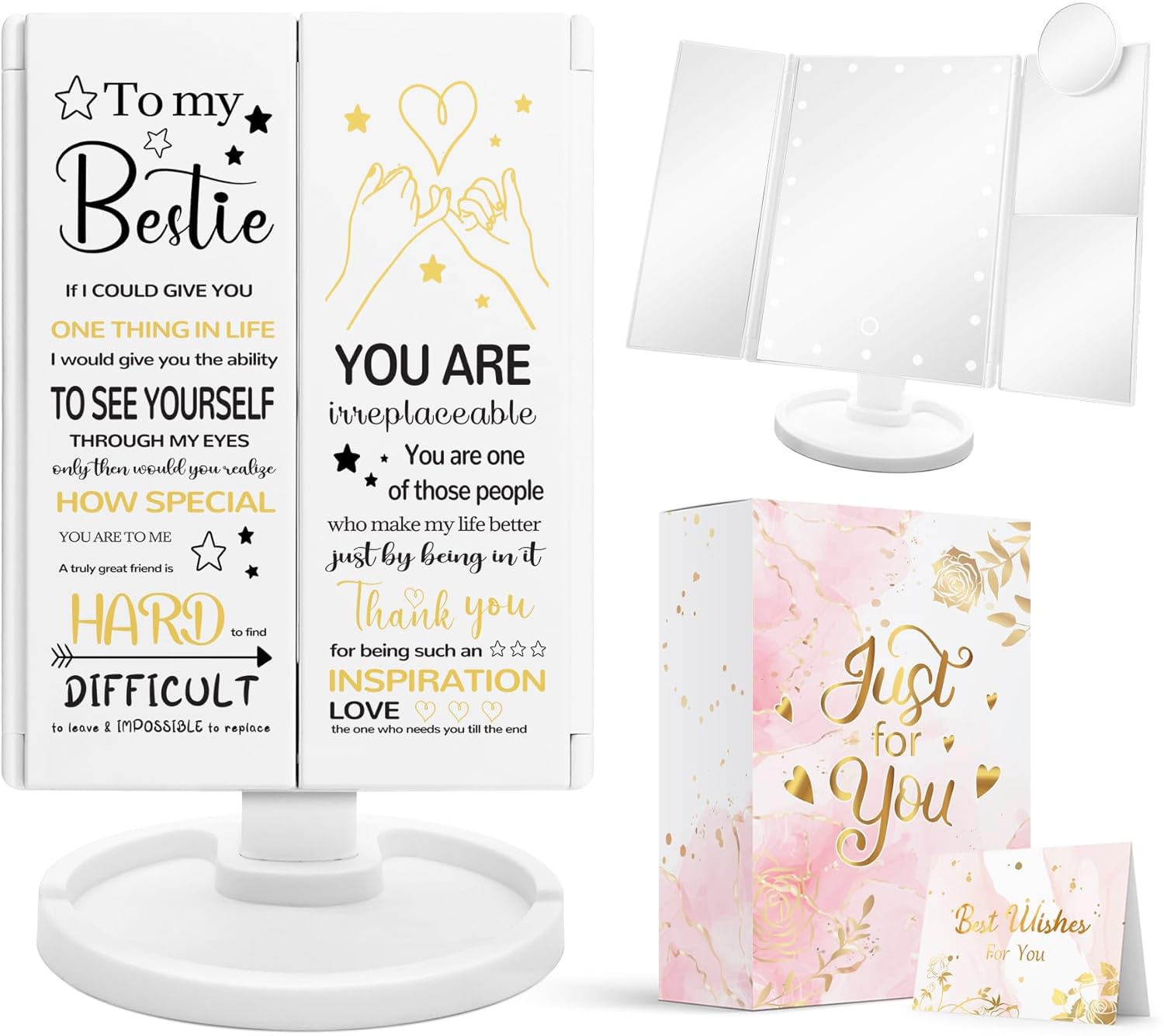 Hexagram Bestie Friend Gifts for Women, Bestie Birthday Gifts, Best Friend Present, Friendship Makeup Mirror with Lights, BFF Friendship Vanity Present Christmas Mothers Day