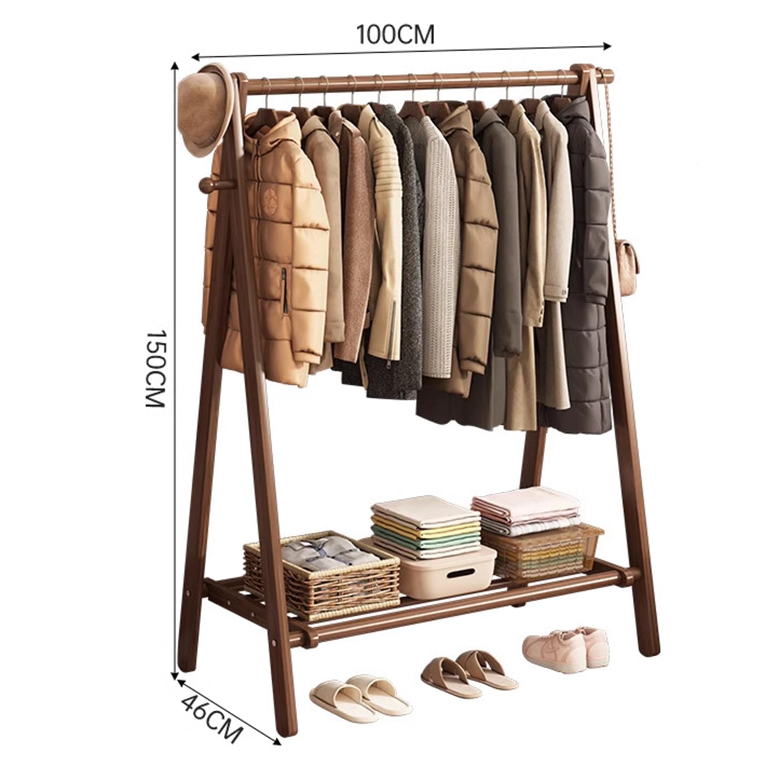 Appendiabiti autoportante in legno massello, facile da montare, pieghevole, per armadio, 100 cm, ideale per appendere vestiti, cappotti, gonne, scarpe e borse