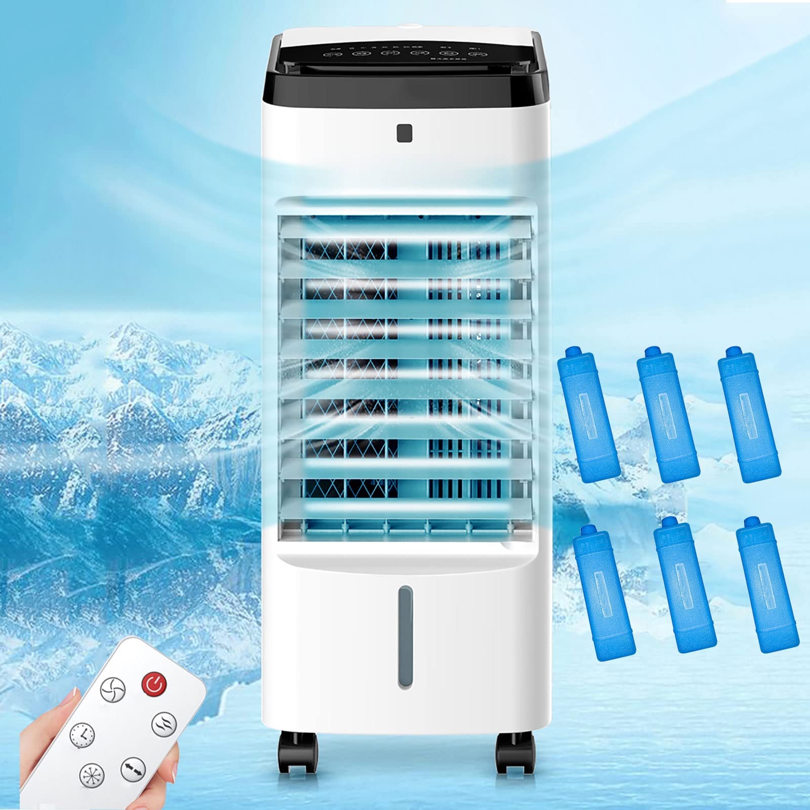 Przenośny wentylator chłodzący, zbiornik na wodę o pojemności 4 l z 2 pojemnikami na kostki lodu, klimatyzator 3 w 1, osuszacz i wentylator, timer 12 godzin, 4 kryształy lodowe,