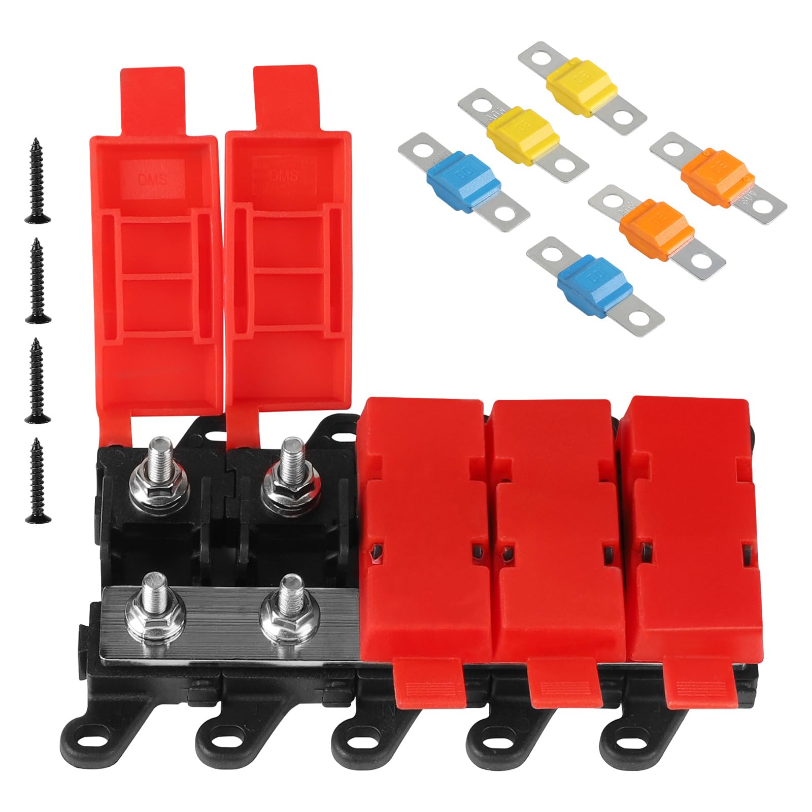 DBREAKS Portafusibles Midi de 4 compartimentos Incluye fusibles de 30 A, 60 A y 100 A con cubierta de goma de silicona, distribuidor de cobre, para barco, caravana
