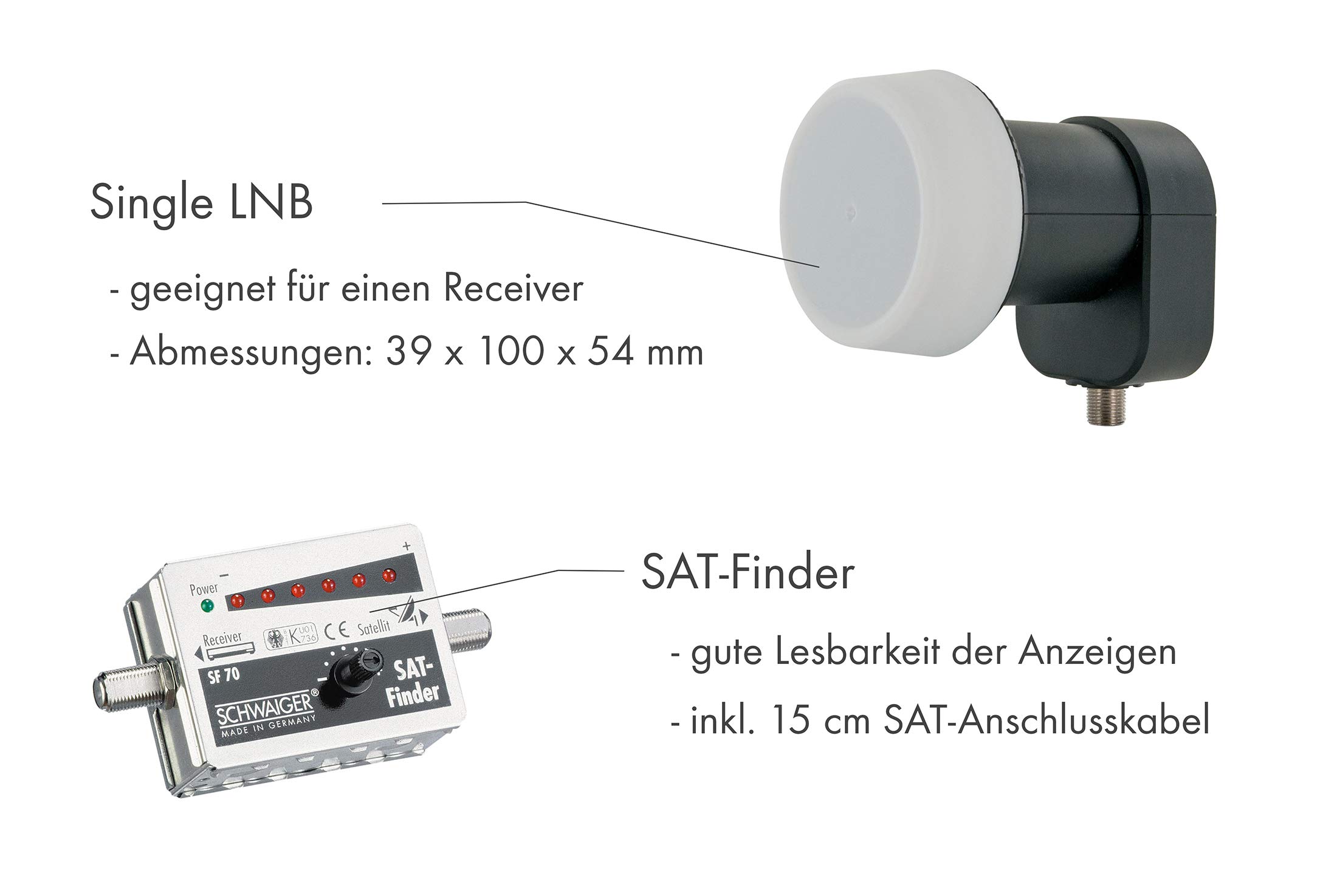 SCHWAIGER TVSET3 SAT Camping Set inkl. TV 24 Zoll HD+ Satellitenschüssel Single LNB Koaxialkabel 10m Dreibeinstativ SAT-Finder Stahl-Antenne 42x42cm