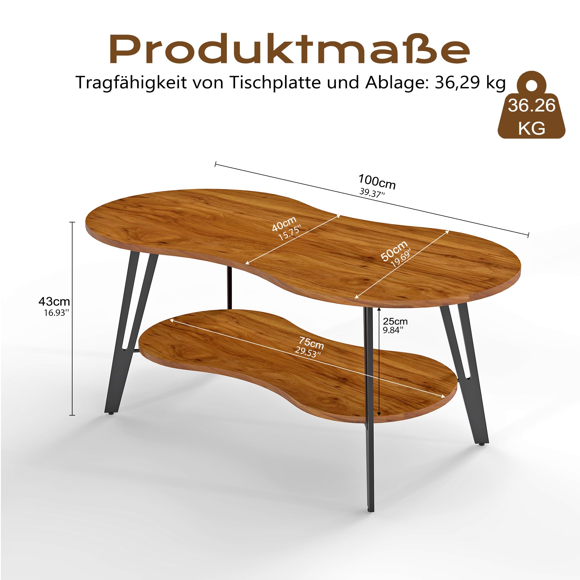 Manora Ovaler Couchtisch Braun mit Ablagefach & Metallbeinen - Moderner Wohnzimmertisch Kaffeetisch Sofatisch Beistelltisch für Wohnzimmer Schlafzimmer Büro (Braun+Schwarz, zweistöckig)