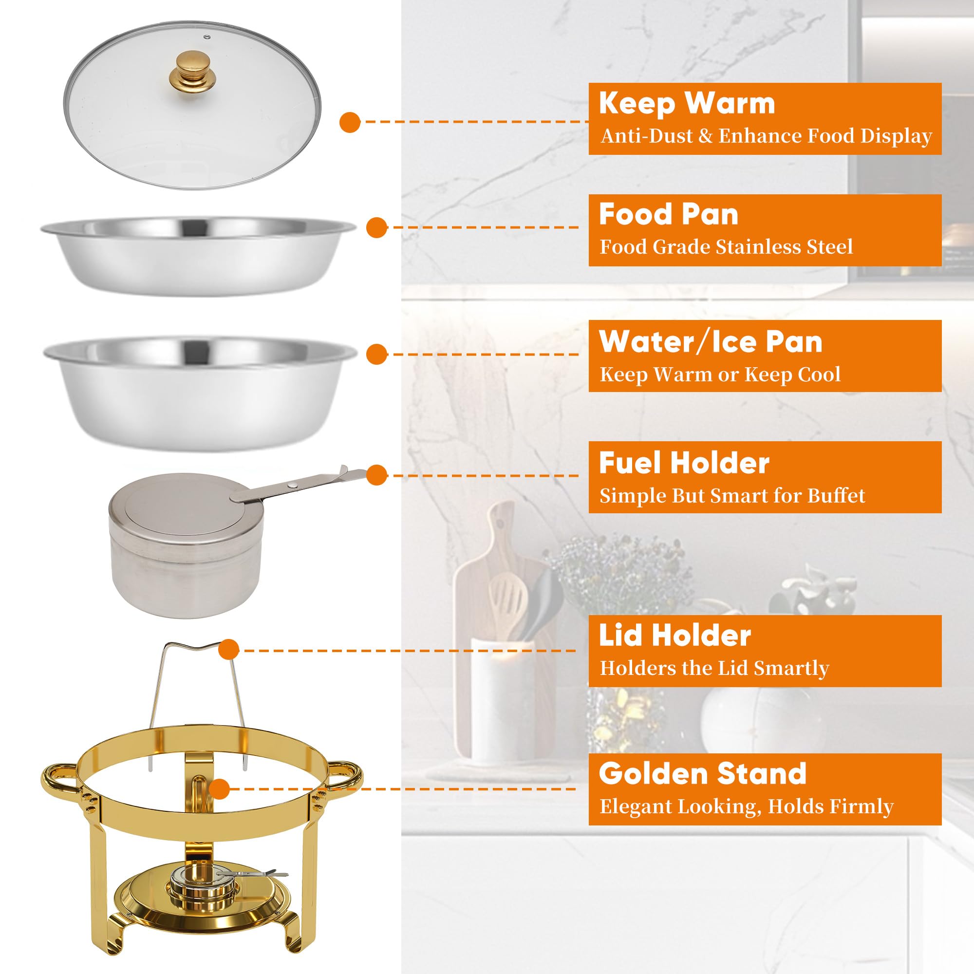 4 Pezzi Oro Rotondo Scaldavivande Buffet Set, 5 QT Buffet Catering Server con Coperchio Trasparente e Utensili, Inox Food Warmer per Feste, Matrimoni, Eventi di Catering All'aperto