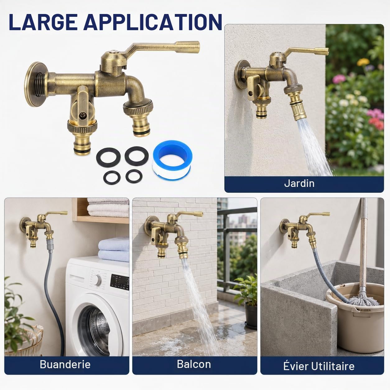 Robinet d'eau en Laiton Double Exterieur Jardin, 3/4 Pouces Robinet Double Sortie Extérieur Anti-gel, Robinet D'eau en Laiton Antique avec 2 Prises de 25 Mm Pour Jardin, Machine à Laver, Terrasse