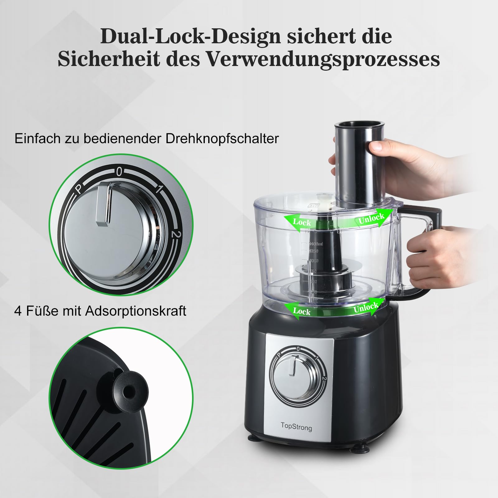 TopStrong Küchenmaschine, 800W küchenmaschine zerkleinerer, 2L Food Processor,Multizerkleinerer, Kompakt-Küchenmaschine inkl. 3 Schneidescheiben,Zerkleinerer, Knetmaschine Rührbesen, Schneebesen