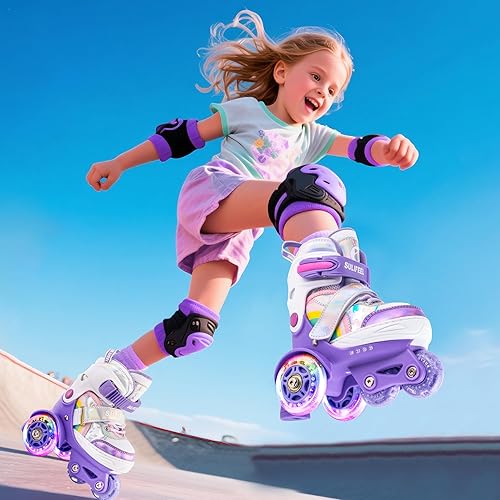 Miniatura 41 de SULIFEEL - Patines infantiles con luz ajustable y diseño de unicornio y arcoíris, tamaño 4 para niños y niñas b púrpura