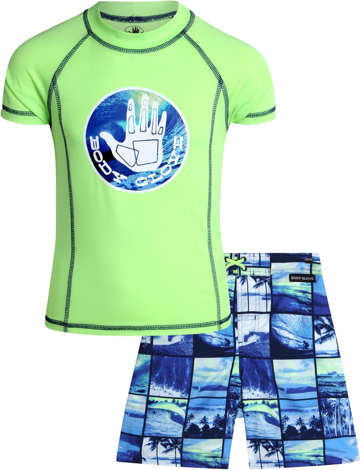 Body Glove Boys Swim Set - 2 Piece Boys Swim Trunks with Rash Guard UV Protection Swimsuit Kids Bathing Suits (Sizes 4-12)
