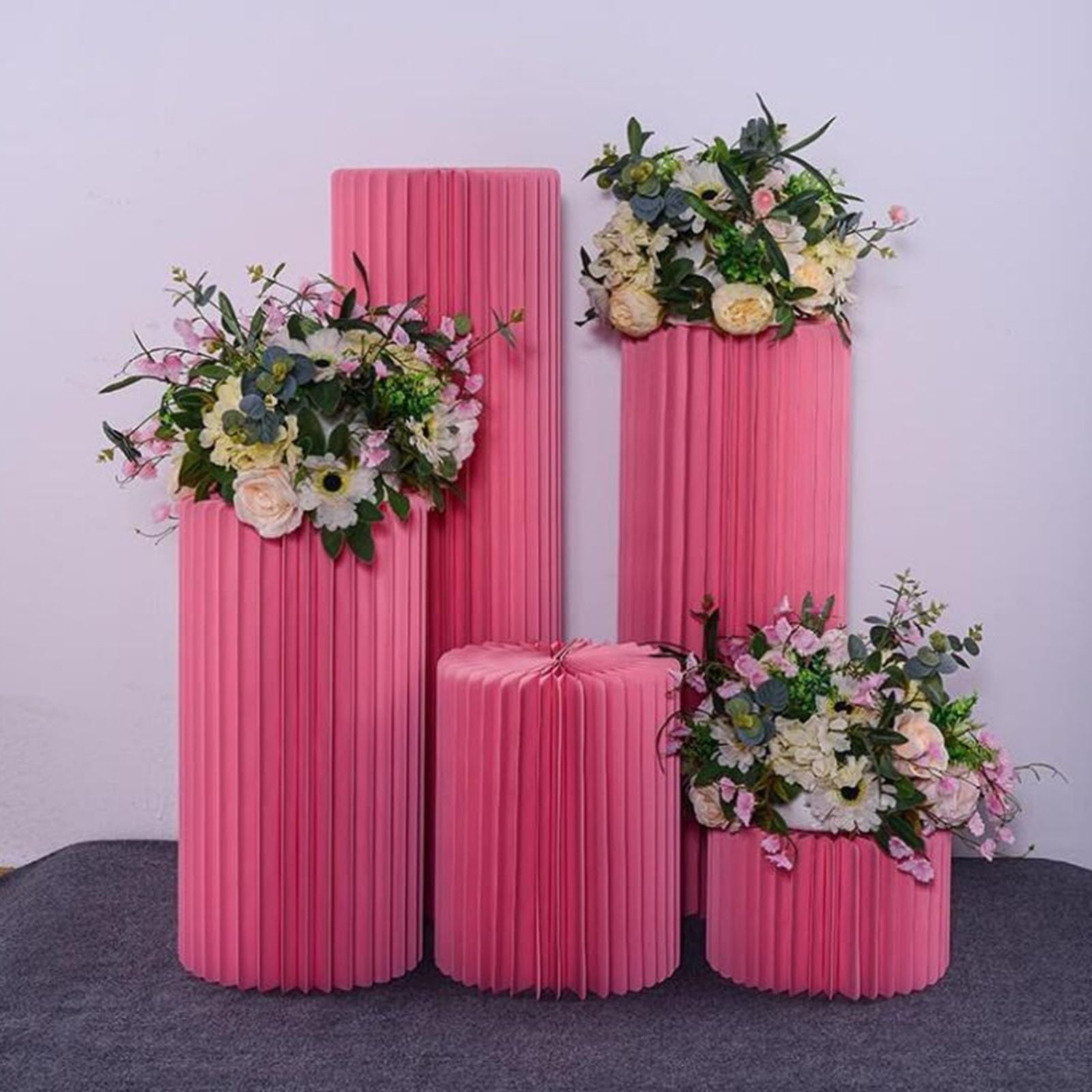 Składane kolumny papierowe, ekspozycja ślubna, centralny element z tektury 4 akrylowymi krążkami(Roze,Diameter 30cm)