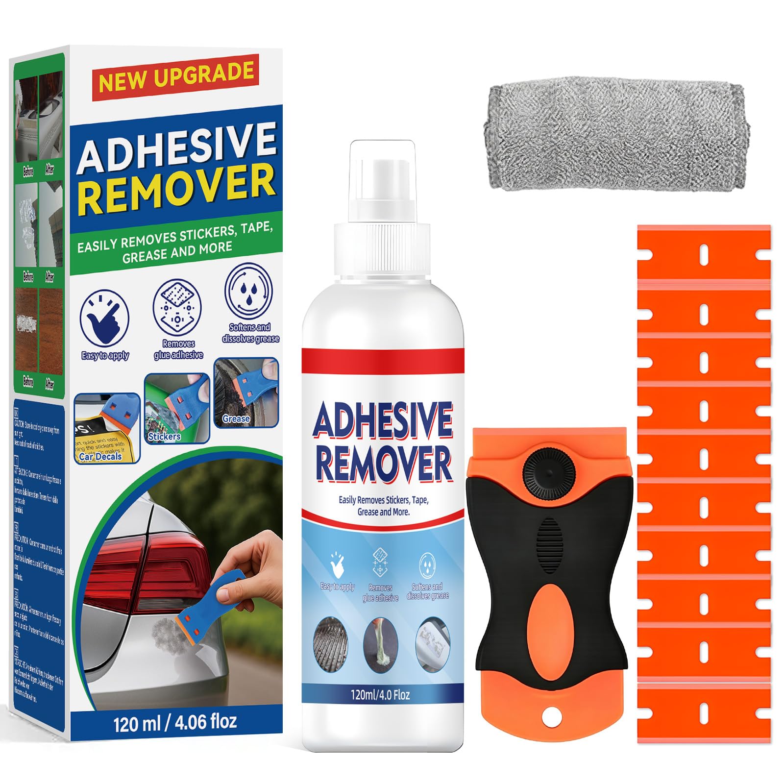 Adhesive Remover Spray, Sticker Remover Cleaning Multi-Surface Residue, GlueRemover for Tap, Decals, Glue, Chewing Gum, from Car, Windows, Glass, Plastic, LabelRemover with Scraper and Towel