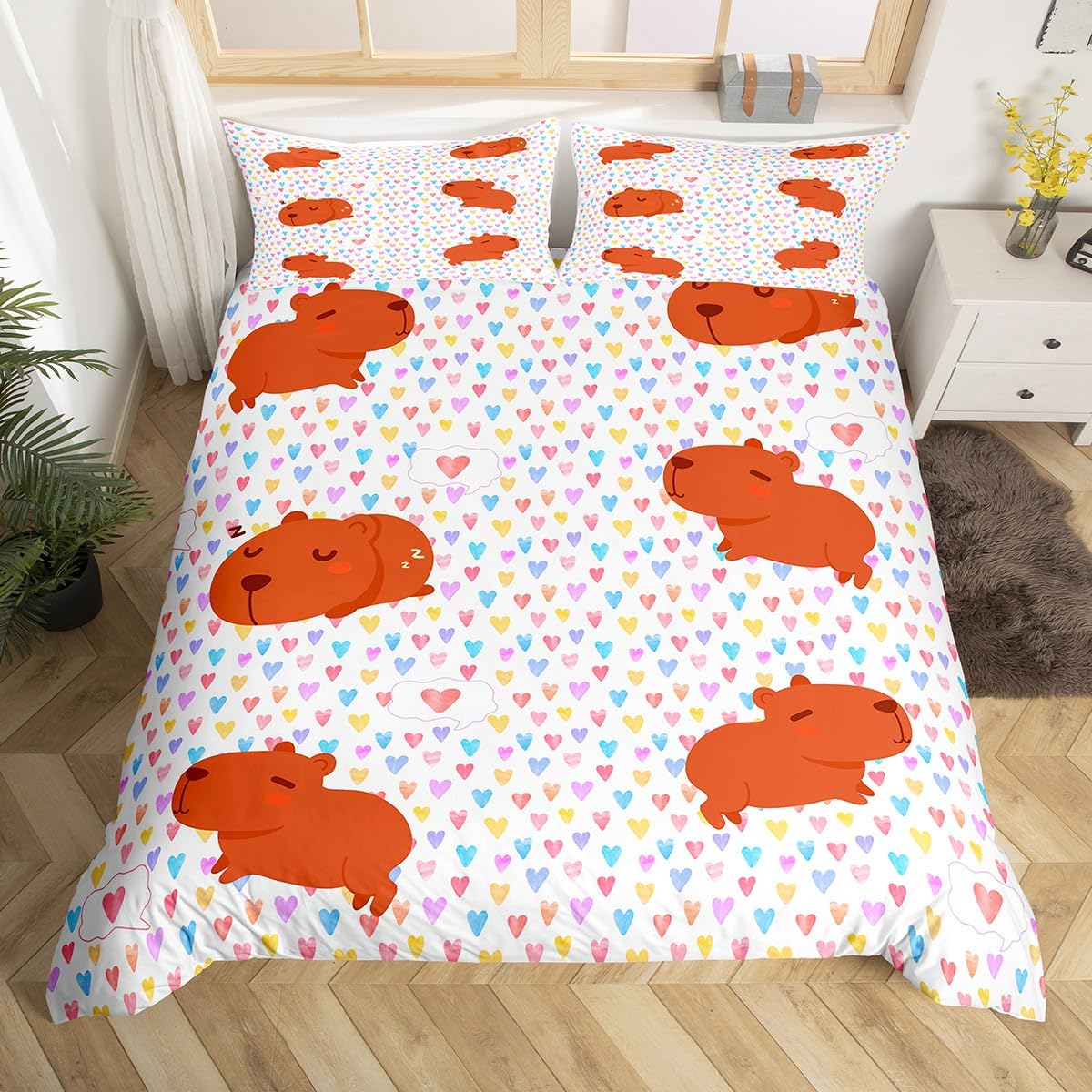 Homemissing Capybara Duvet Cover Capybara Bedding Set Kawaii Animal Comforter Cover for Boys Girls Cute Capybara Bedspread Cover Decor Breathable Quilt Cover Single