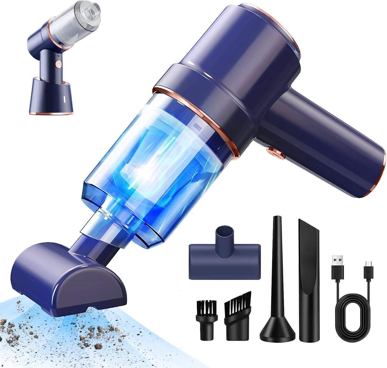 Aspirabriciole Senza Fili Potente, Aspirapolvere Portatile, Aspira Briciole Elettrico, Con Filtro Lavabile/Stazione di Ricarica/Spazzola per Pavimenti, Adatto per Casa e Veicolo (blu)