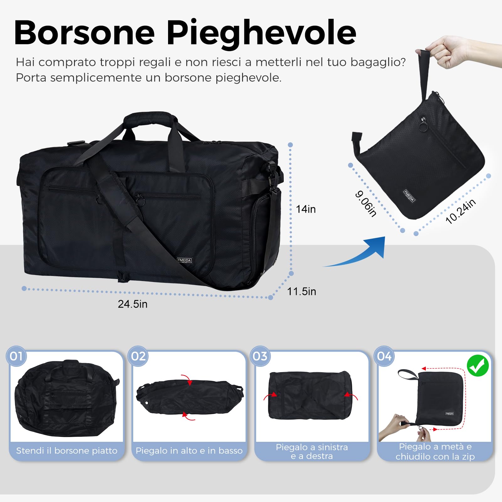Fmeida 65L Borsone da Viaggio Unisex Adulto, Grande Borsone Palestra con Scomparto per Scarpe e Tracolla, Impermeabile Duffel Bag Borsa Sportivo, Nero