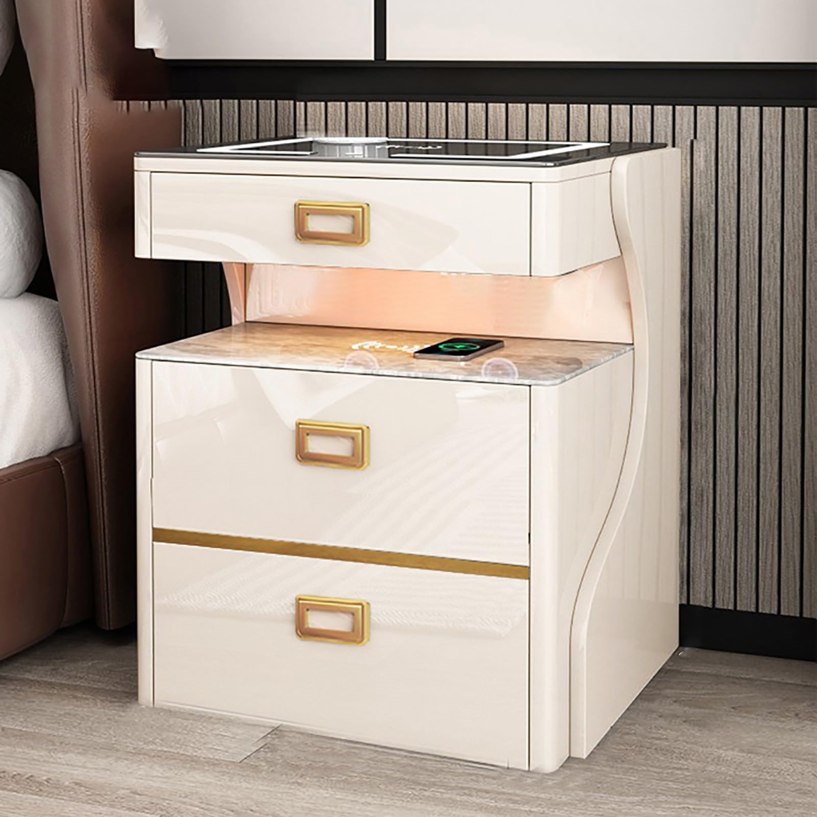 Table de chevet avec station de recharge LED et 2 tiroirs pour un rangement optimal