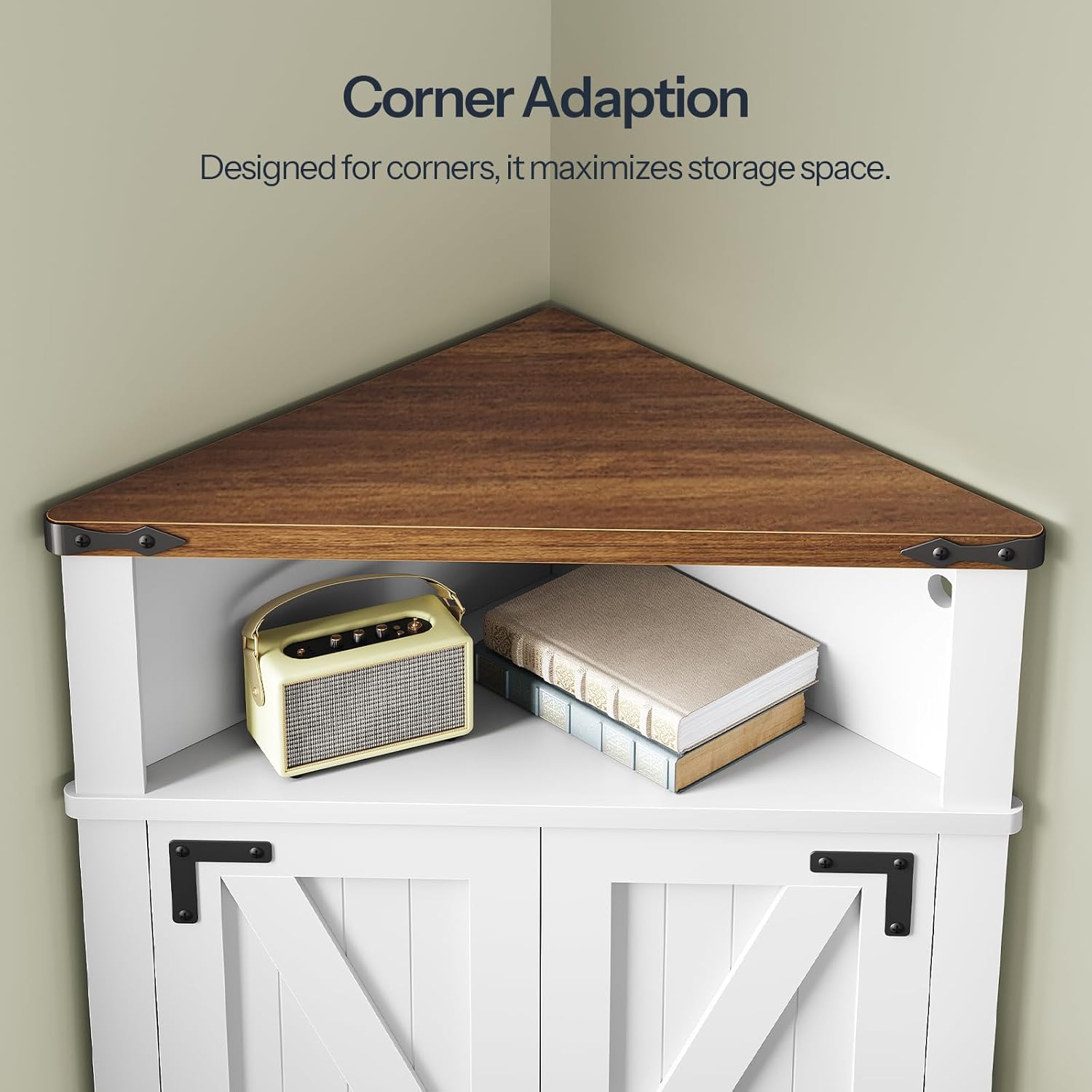 HOOBRO Farmhouse Corner Cabinet, Small Corner Storage Cabinet with Lights, Wooden Corner Cabinet with Doors and Adjustable Shelves, for Bathroom, Living Room, Kitchen, White and Walnut WH119DCJ01