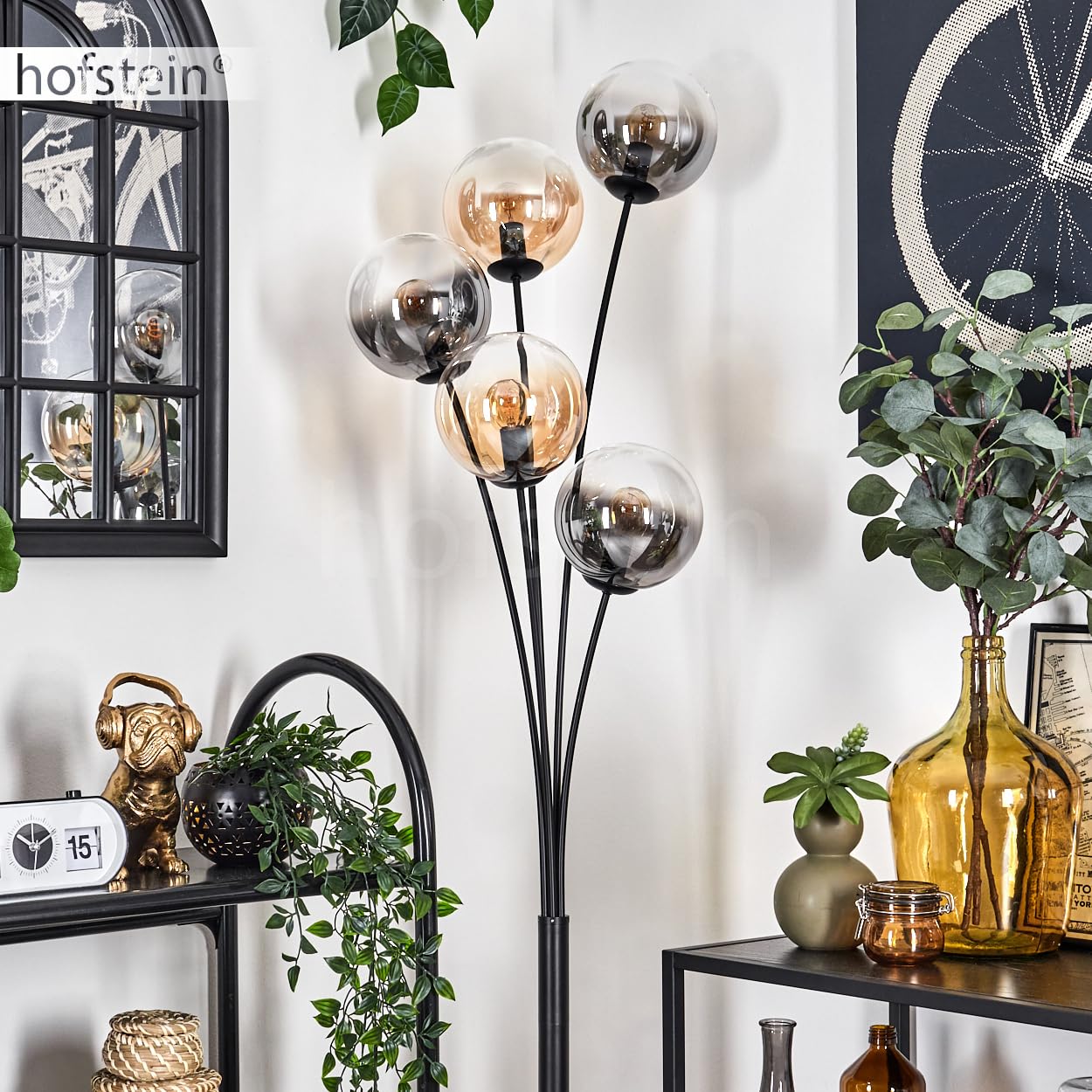 Stehleuchte Gastor, Stehlampe aus Metall/Glas in Schwarz/Bernstein/Rauch/Klar, Leuchte im Retro/Vintage-Design mit Schirmen aus Glas (Ø 15 cm) u. Fußschalter, Höhe 169 cm, 5 x E14, ohne Leuchtmittel