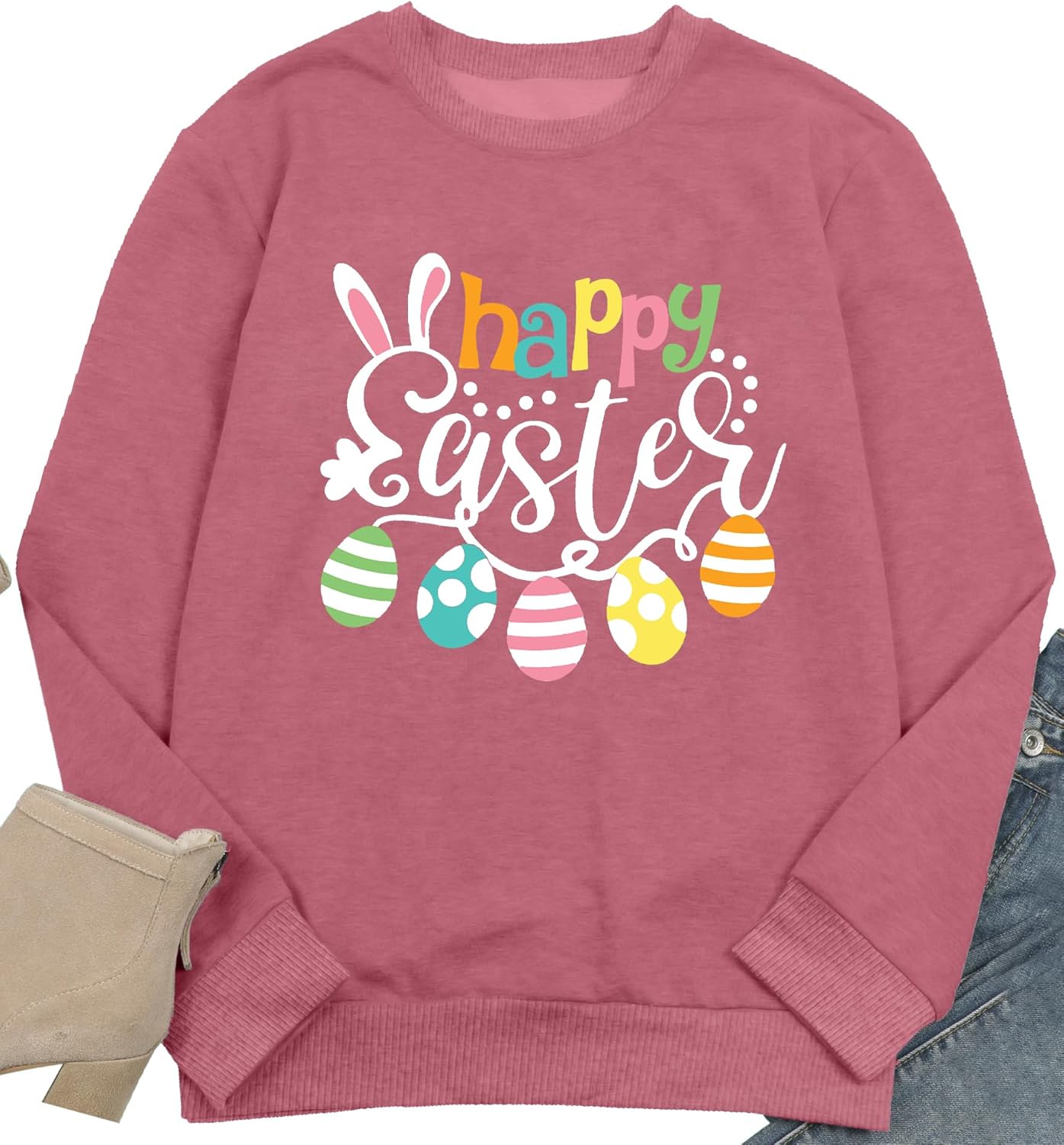 hohololo Women Happy Easter Sweatshirt Bunny Rabbit Graphic Shirt Cute Letter Printed Long Sleeve Pullover - Image 3