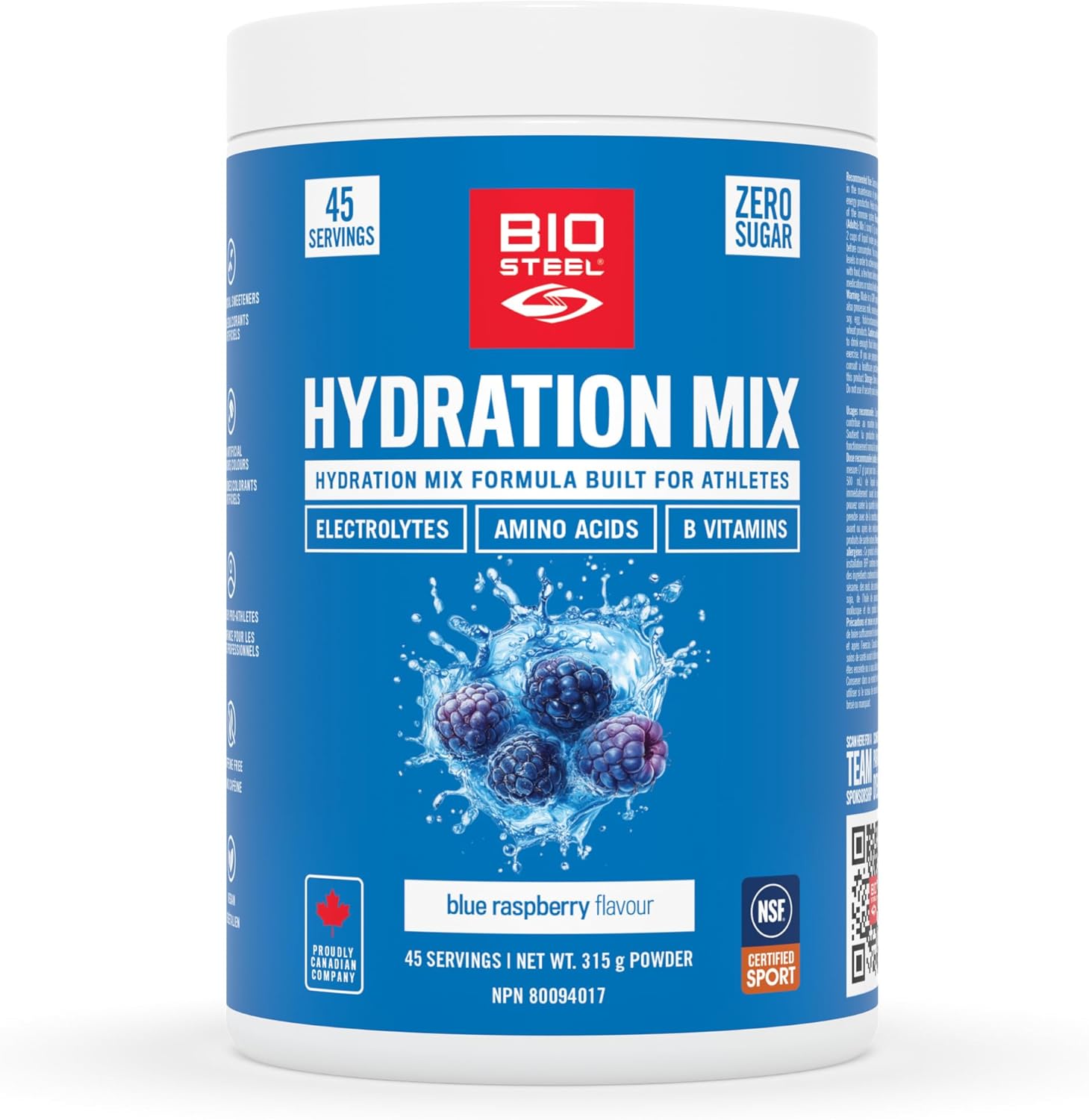 BioSteel Zero Sugar Hydration Mix, Great Tasting Hydration with 5 Essential Electrolytes, Blue Raspberry, 45 Servings per Tub