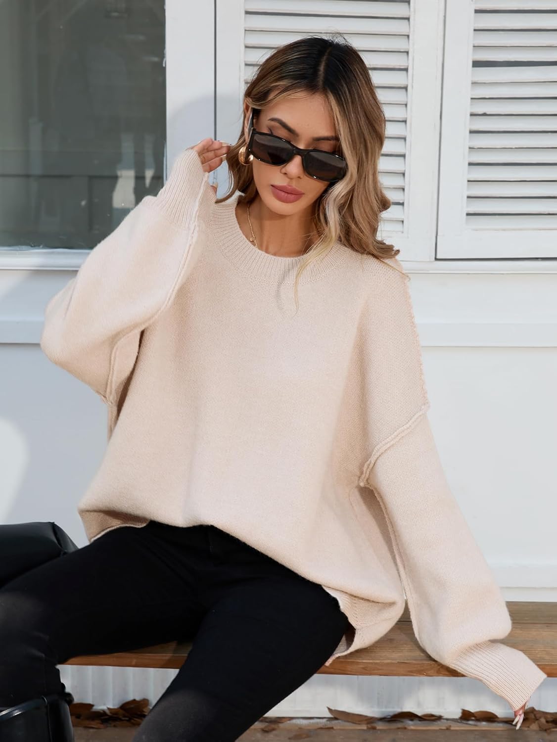 SunnyMelody Womens Oversized Batwing Sweater Fall 2025 Crew Neck Pullover Knit Tops - Outside Seam, High-Low Hem, Side Slit - Image 5