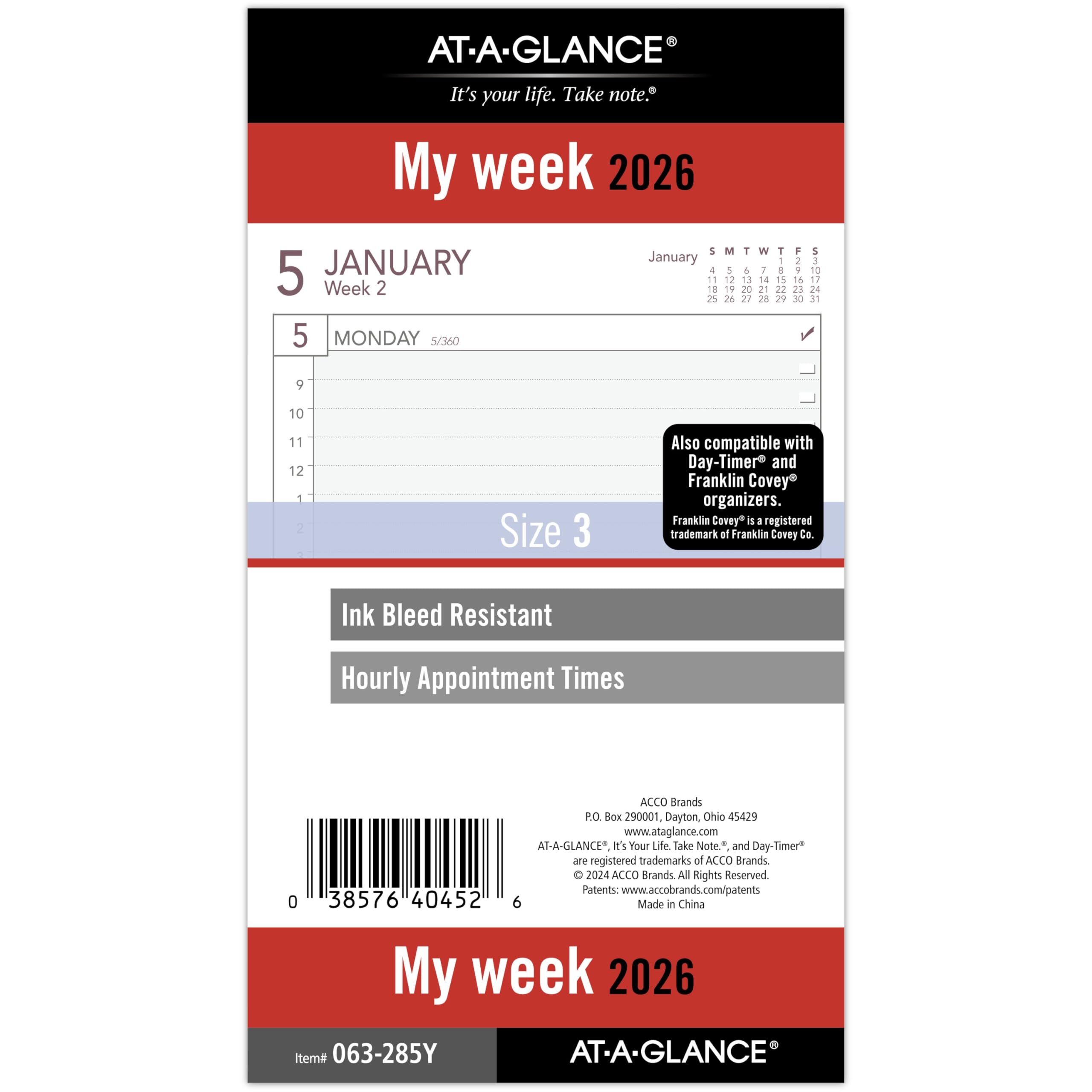 AT-A-GLANCE 2026 Planner Refill, Weekly, 3-3/4" x 6-3/4", Portable Size 3 Loose-Leaf (063-285Y-26)