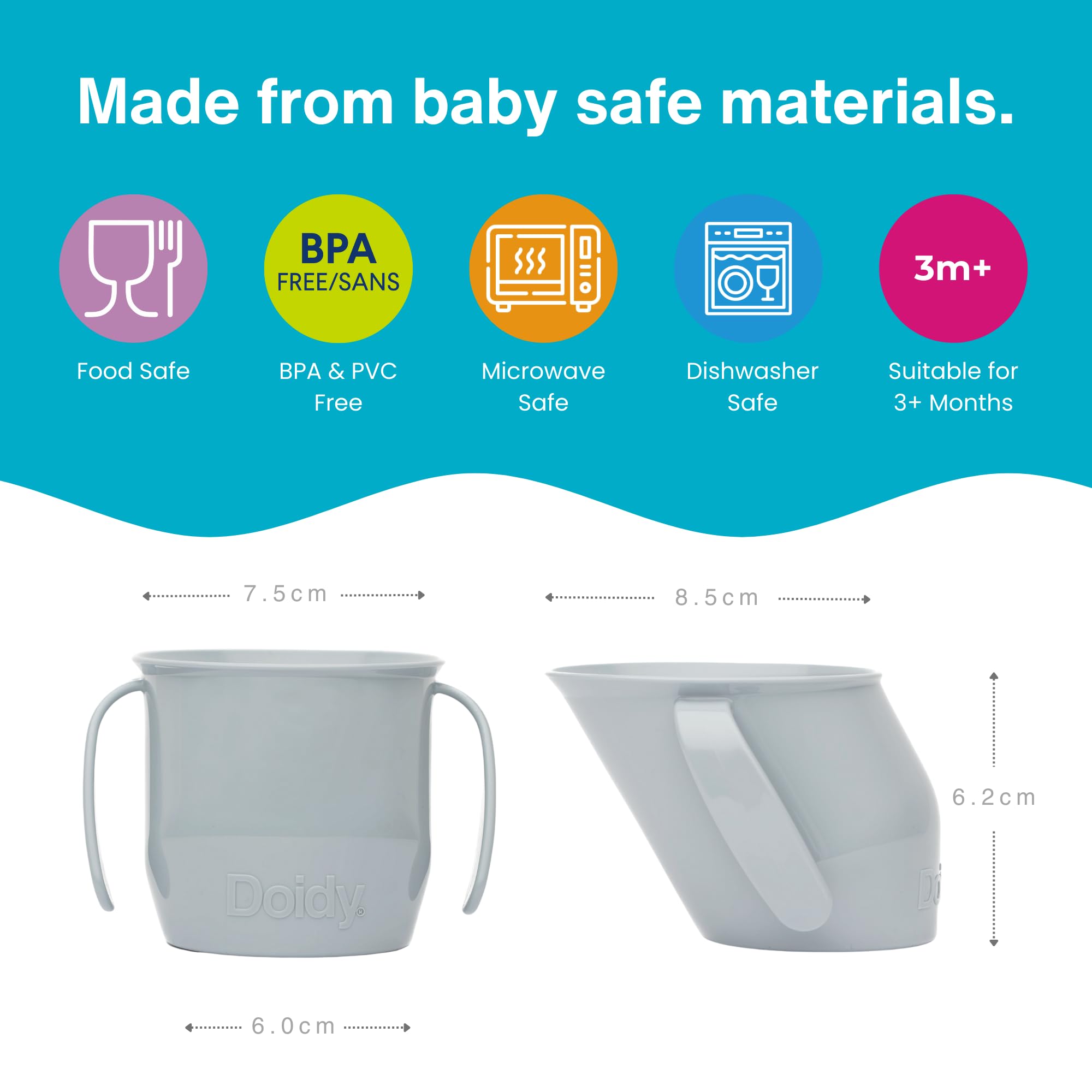 Doidy Tazza, 3 mesi +, prima tazza aperta per neonati e bambini, design ergonomico inclinato per allenamento e imparare a bere, essenziale per lo svezzamento per latte e acqua (grigio