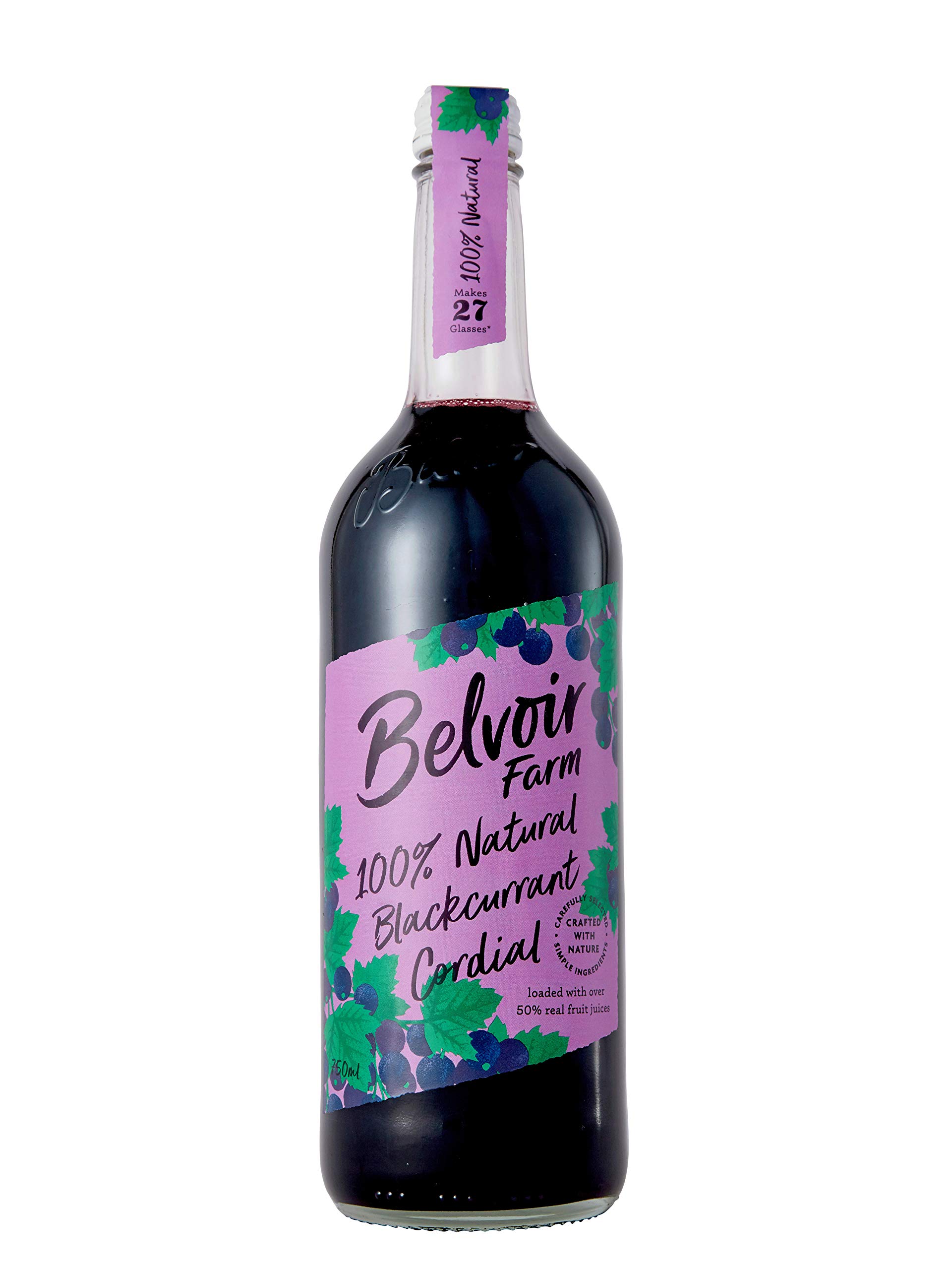 Belvoir Farm 100% Natural Blackcurrant Cordial - Fresh Blackcurrant Taste | Made with 50% Real Fruit Juices | 100% Natural Ingredients | Suitable for Vegetarians & Vegans - 6 x 750ml Bottles