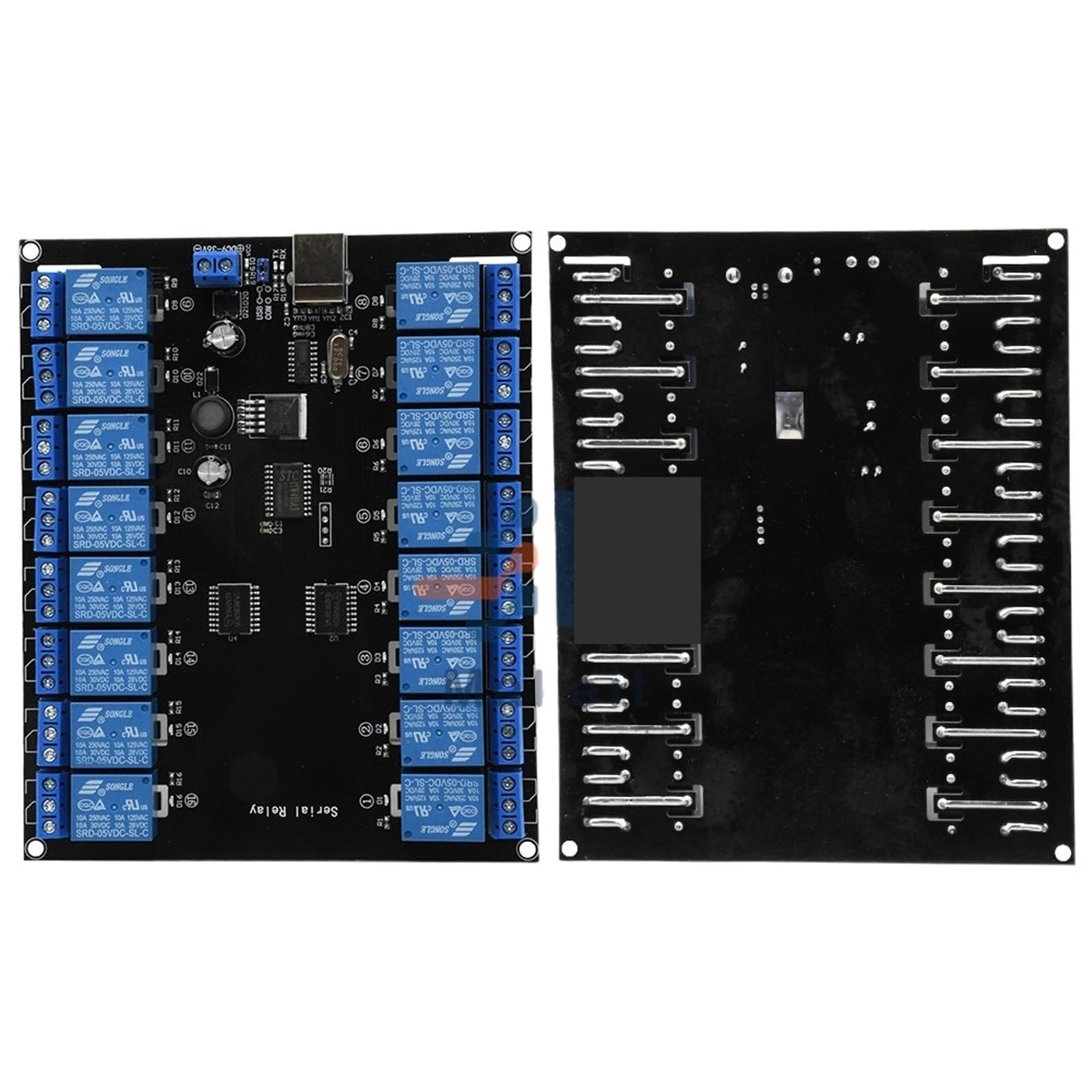 Modulo relè seriale a 16 canali, 16 canali, DC 7V-38V, 10A, 250V, carico, alimentazione USB, scheda di sviluppo, modulo relè DC 12V, 24V, 36V