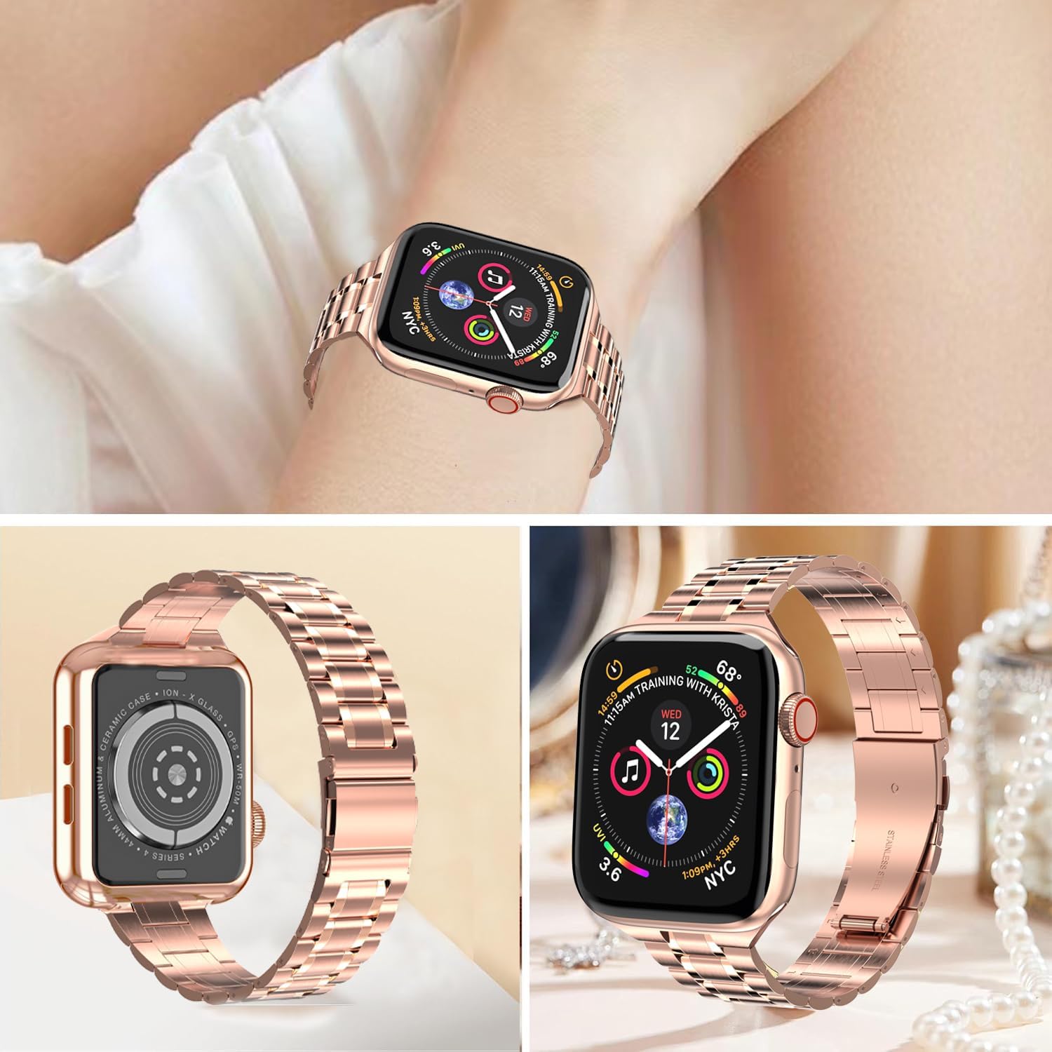 chuangshiji Compatible with Apple Watch Band 38mm 40mm 41mm Women Men, Metal for iWatch Band Series 9/8/7/6/5/4/3/2/1/SE (Rose Gold, 38mm/40mm/41mm) - Image 5