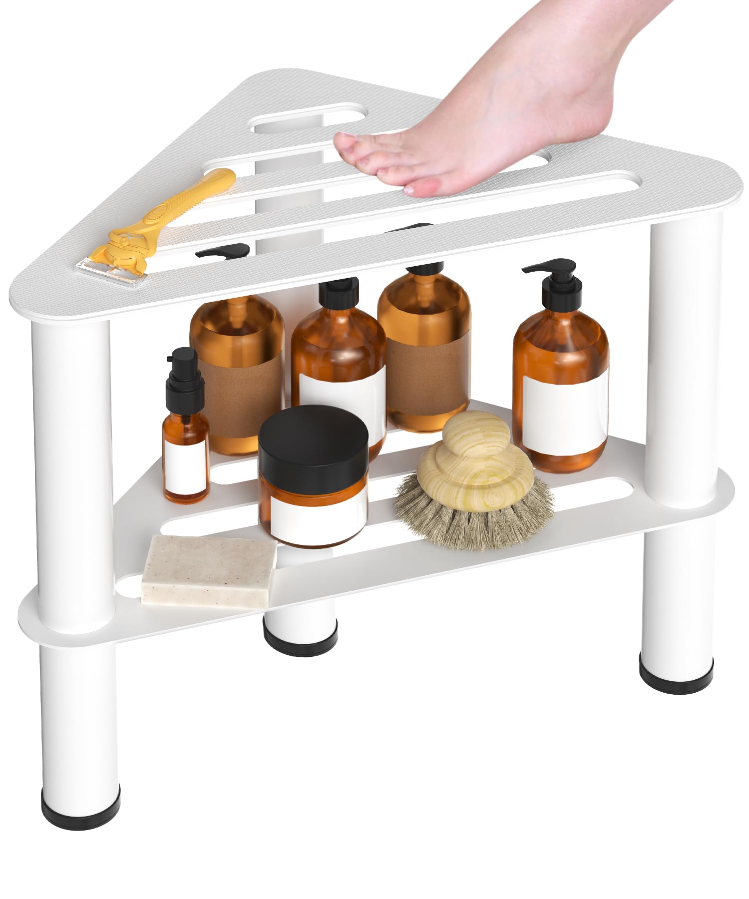 Taburete esquinero de ducha para afeitarse las piernas, 2 niveles, resistente al óxido con almacenamiento | Banco de pie de ducha antideslizante e impermeable, color blanco, de metal, pequeño escalón de spa para ducha interior