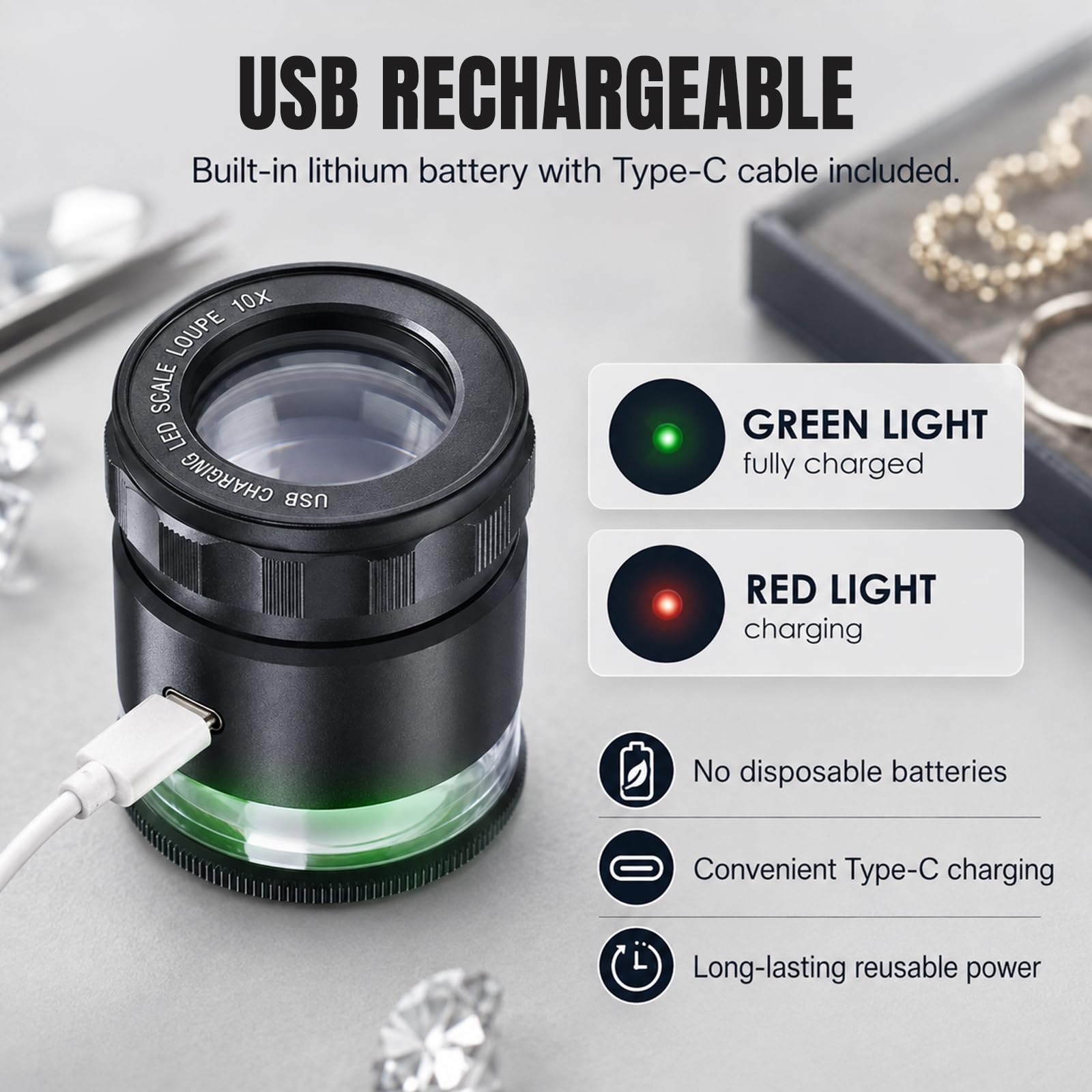 Lupa Recargable para joyeros con Luces LED y 3 Escalas de retícula, Campo de visión de 25 mm, Lupa de Ojo de Enfoque Ajustable para Gemas, Monedas, Relojes, Sellos, Plantas
