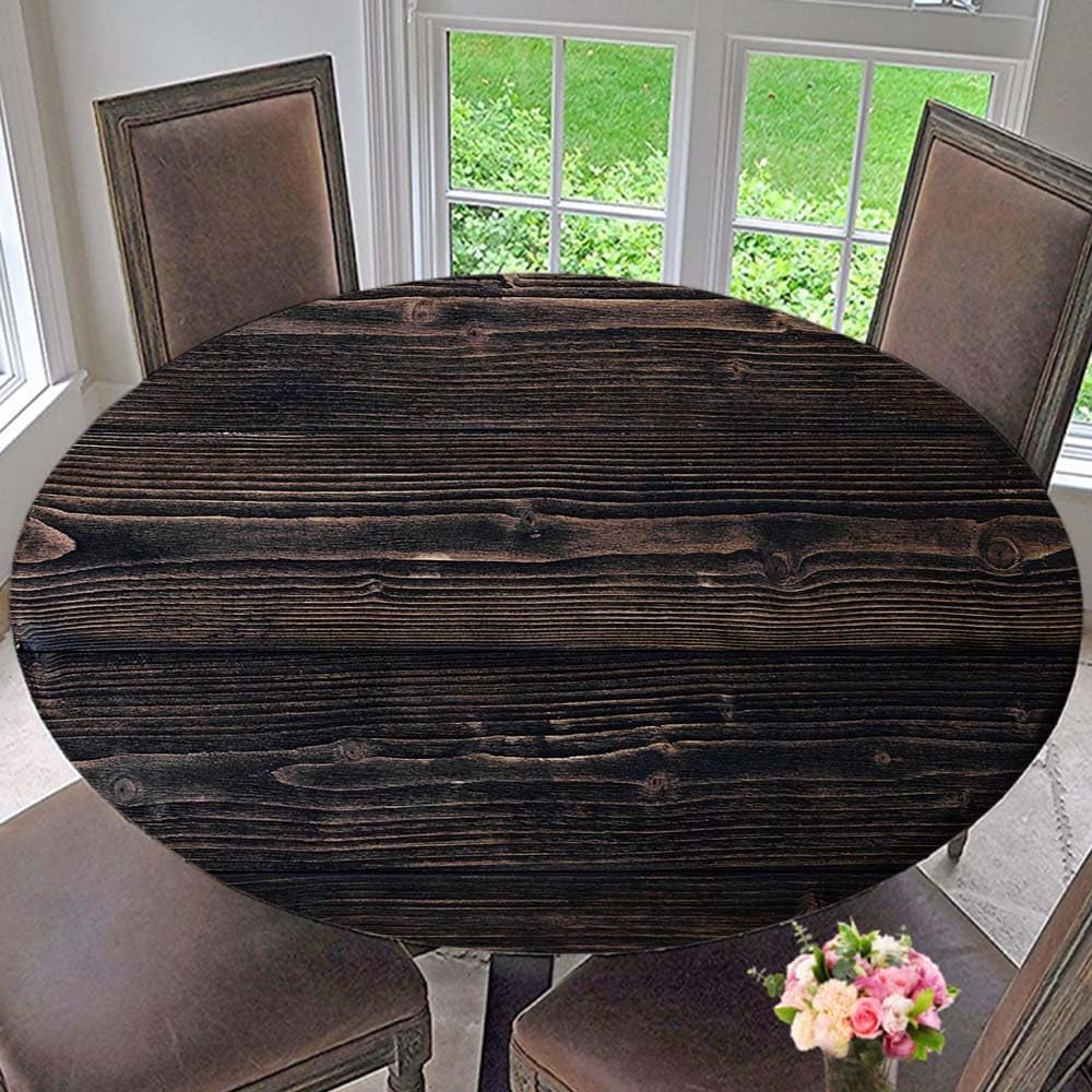Round Table Cover Wood Grain Round Tablecloth Fitted Cloth with Elastic Edge Dark Brown Tablecloths Reusable Cloths for Indoor Outdoor Decor, 68" Fit for 56.2"-60.1" Tables Style-7