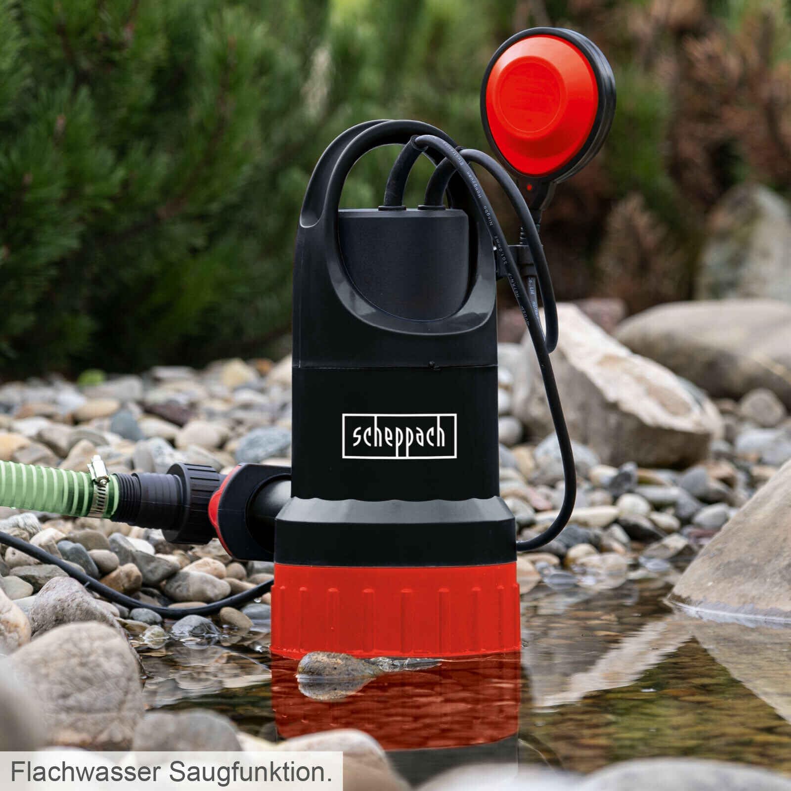 Scheppach Schmutzwasserpumpe DWP750 mit Saugfunktion | Fördermenge 20000L/h | 750W Leistung | FremdkörperØ 30mm | Förderhöhe 8m | Eintauchtiefe 7m | Klar-& Schmutzwasser, Schwimmerschalter, Tragegriff