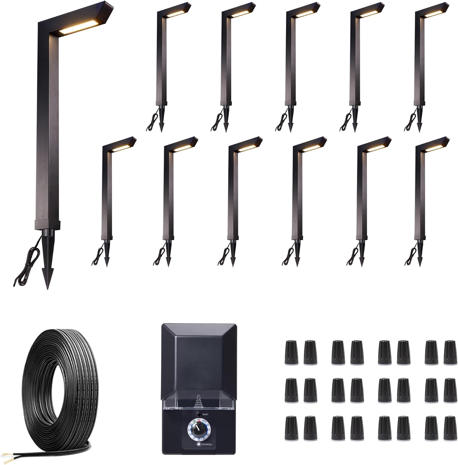 LED Pathway Lights Kit, 12 Pack 3CCT Landscape Path Lights and 200W Transformer and 250FT Cable and 40 Wire Connectors, Low Voltage Outdoor Waterproof, Black Aluminum for Lawn Garden