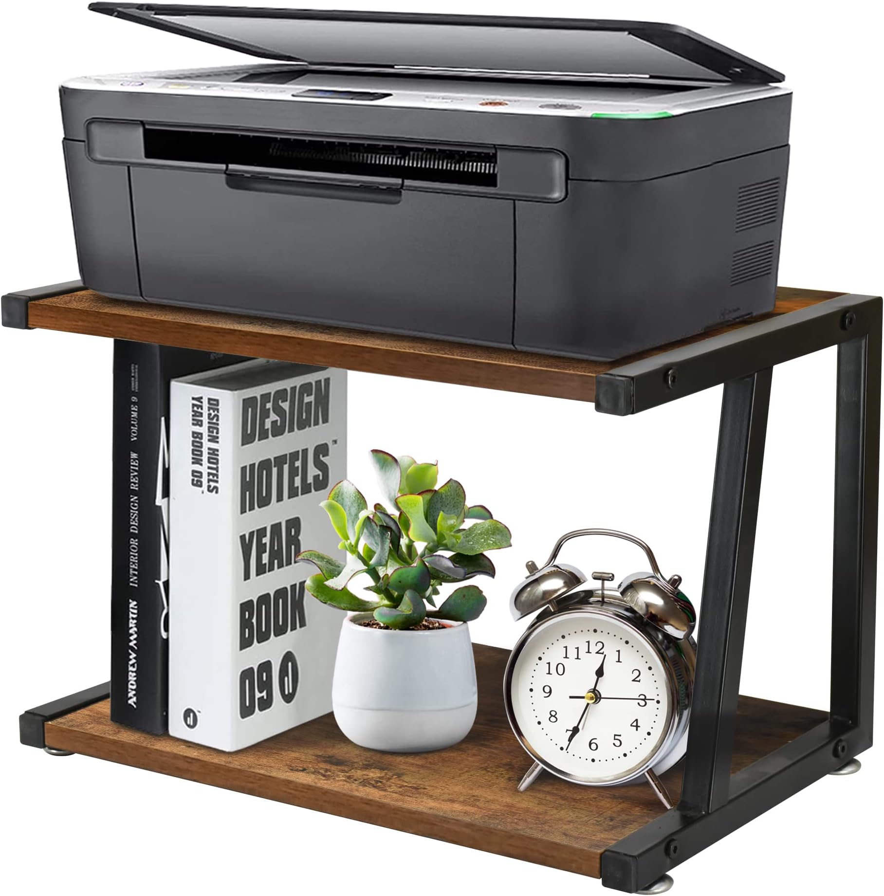 Rustic Wood Printer Stand and Desktop Organizer, Desktop Printer Storage with Shelf, 2-Tier Wood Home and Office Printer Rack, Desktop Printer Stand with Metal Frame