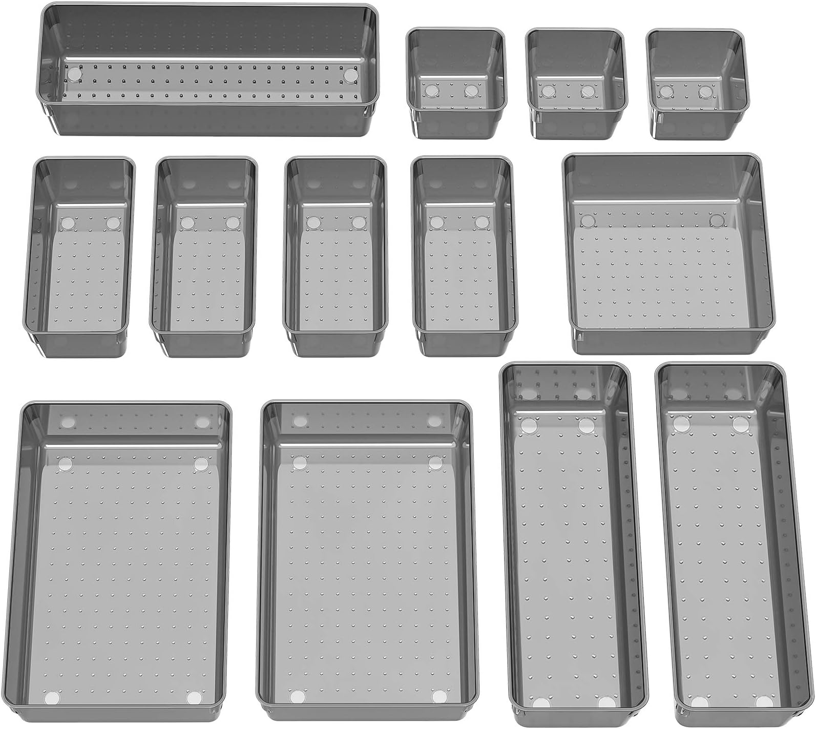 HEETA Set of 13 Desk Drawer Organiser Trays with Non-Slip Silicone Pads, 5-Size Plastic Storage Boxes Divider for Makeup, Jewelries, Utensils in Bedroom Dresser, Office and Kitchen(Black)