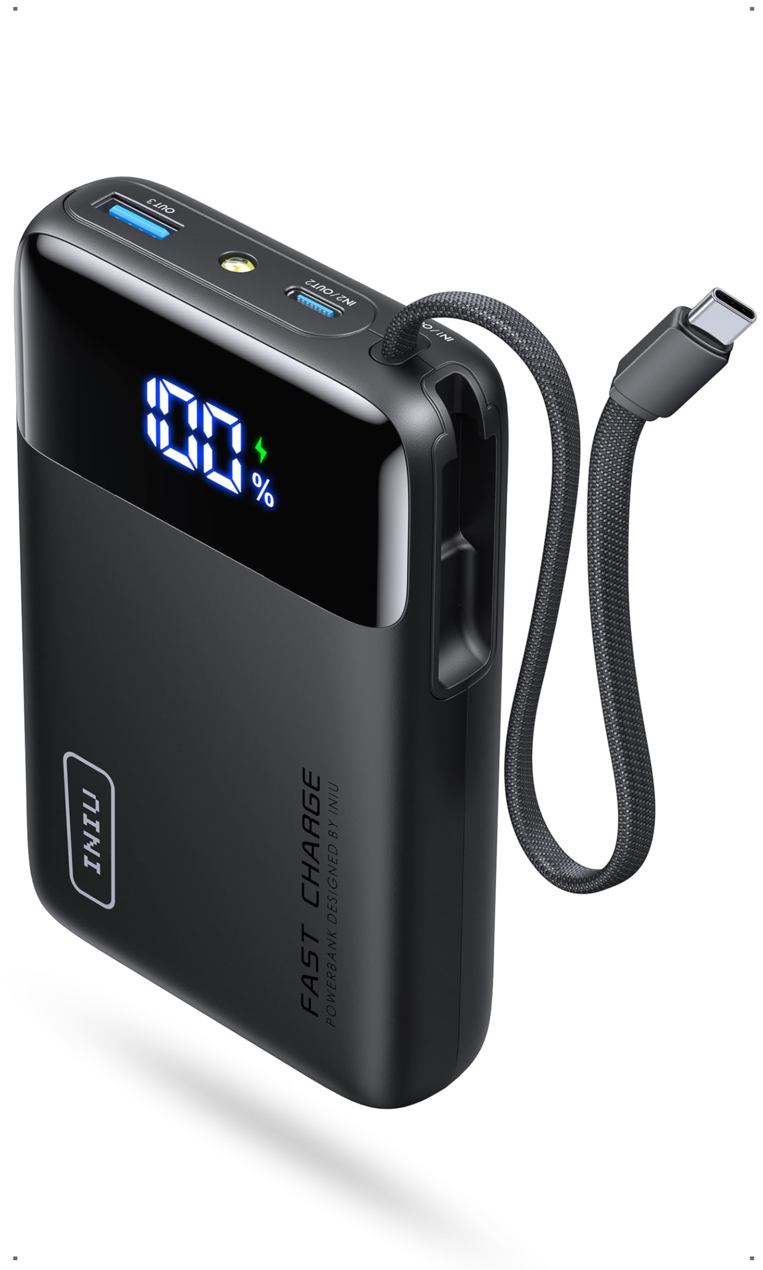 INIU 20000mAh Power Bank, Small Fast Charging 45W Portable Charger, USB C in&out Battery Pack with Built in Cable, Travel Powerbank, Portable Phone Charger for iPhone 17 16 15 Samsung S25 S24 iPad etc