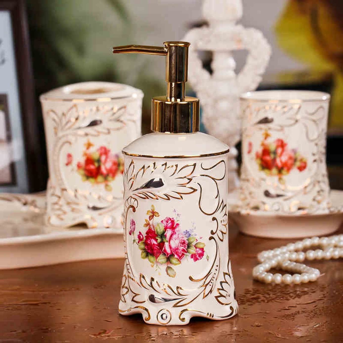 Set di Accessori per Il Bagno, Kit di Decorazioni per Piano di Lavoro in Ceramica squisita, 5 Pezzi Include Dispenser per lozioni, portaspazzolino, 2 Bicchieri, portasap